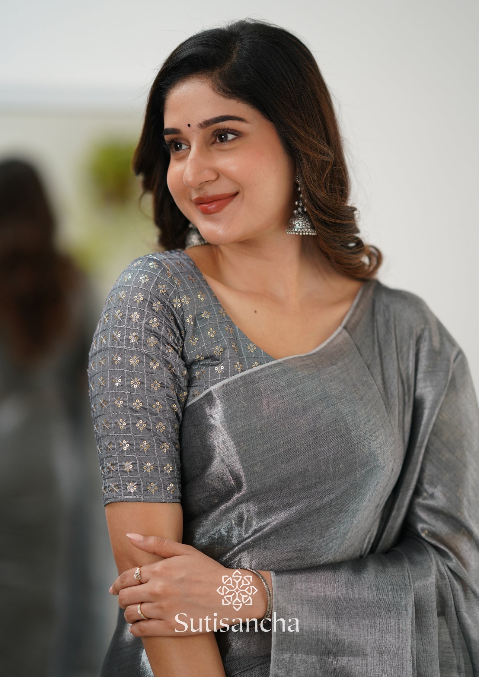 Sutisancha Grey Handloom Tissue Saree With Designer Blouse