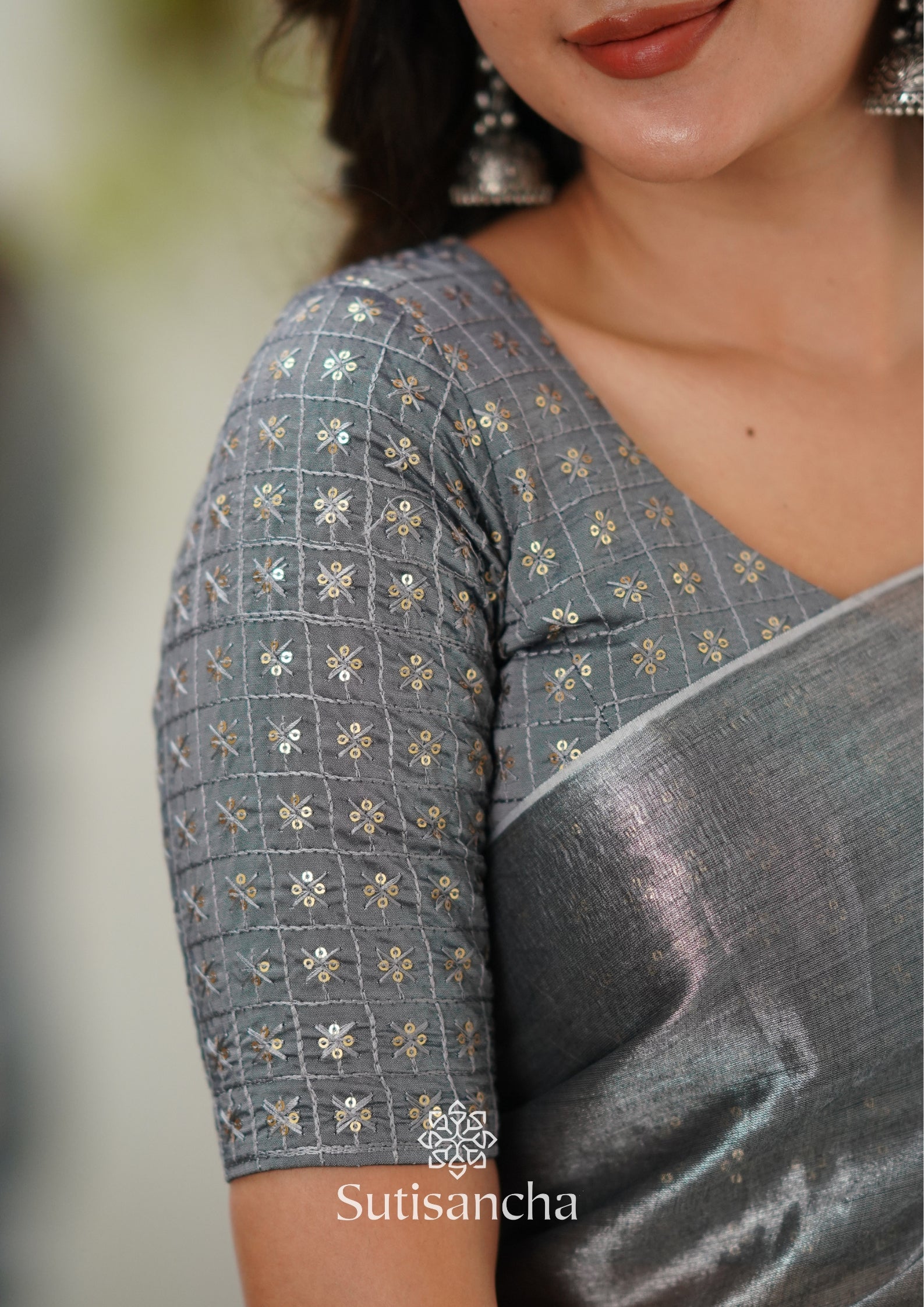 Sutisancha Grey Handloom Tissue Saree With Designer Blouse