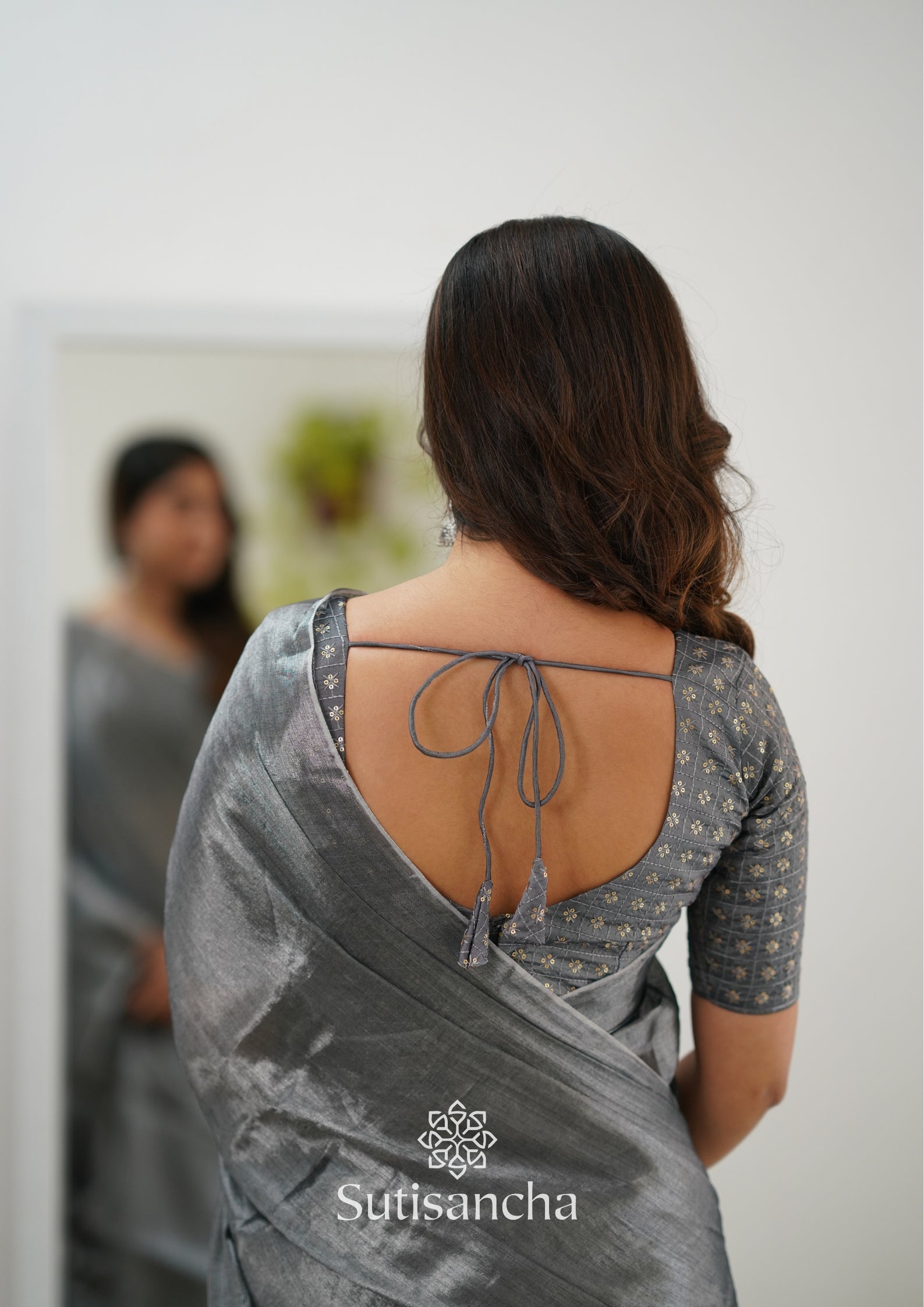 Sutisancha Grey Handloom Tissue Saree With Designer Blouse