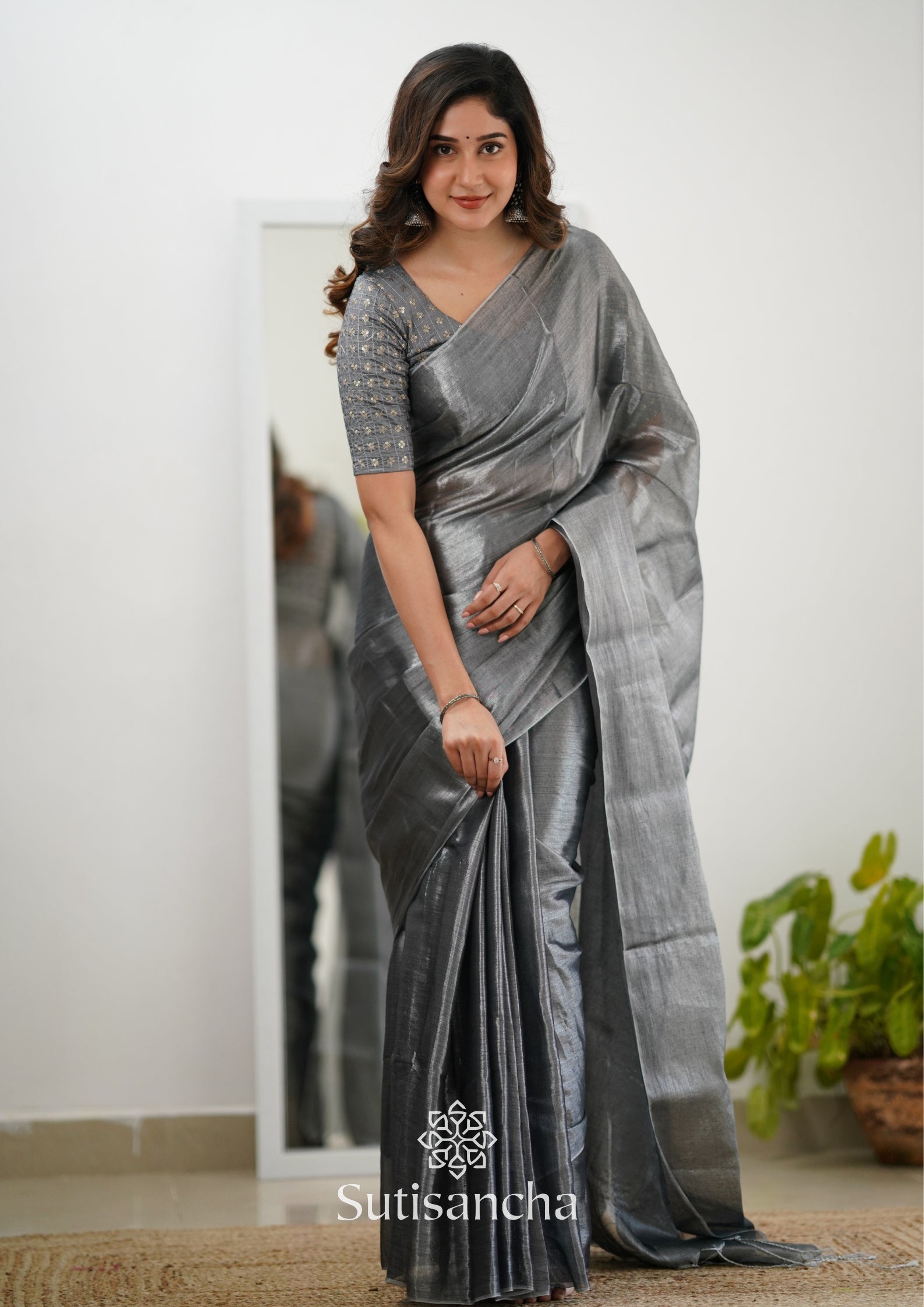 Sutisancha Grey Handloom Tissue Saree With Designer Blouse