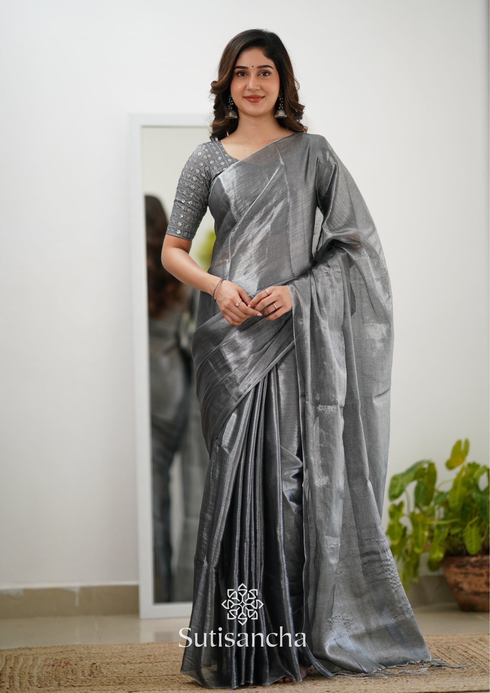 Sutisancha Grey Handloom Tissue Saree With Designer Blouse