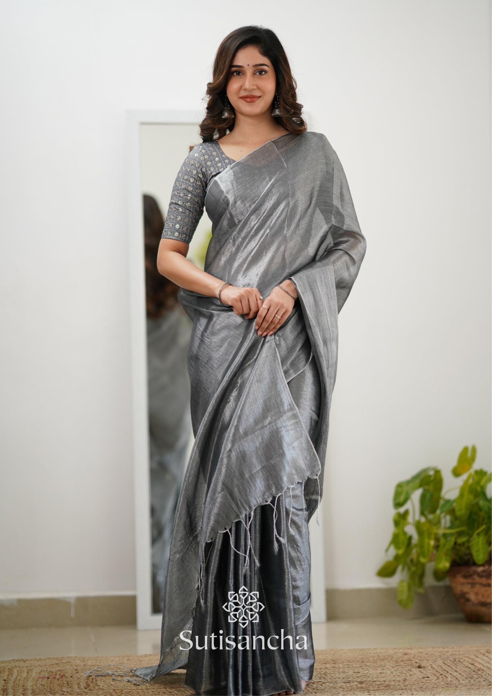 Sutisancha Grey Handloom Tissue Saree With Designer Blouse