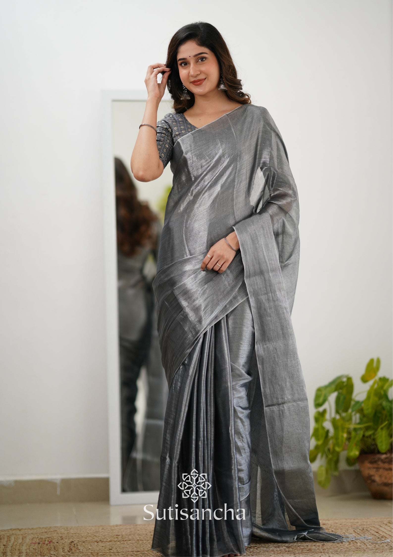 Sutisancha Grey Handloom Tissue Saree With Designer Blouse