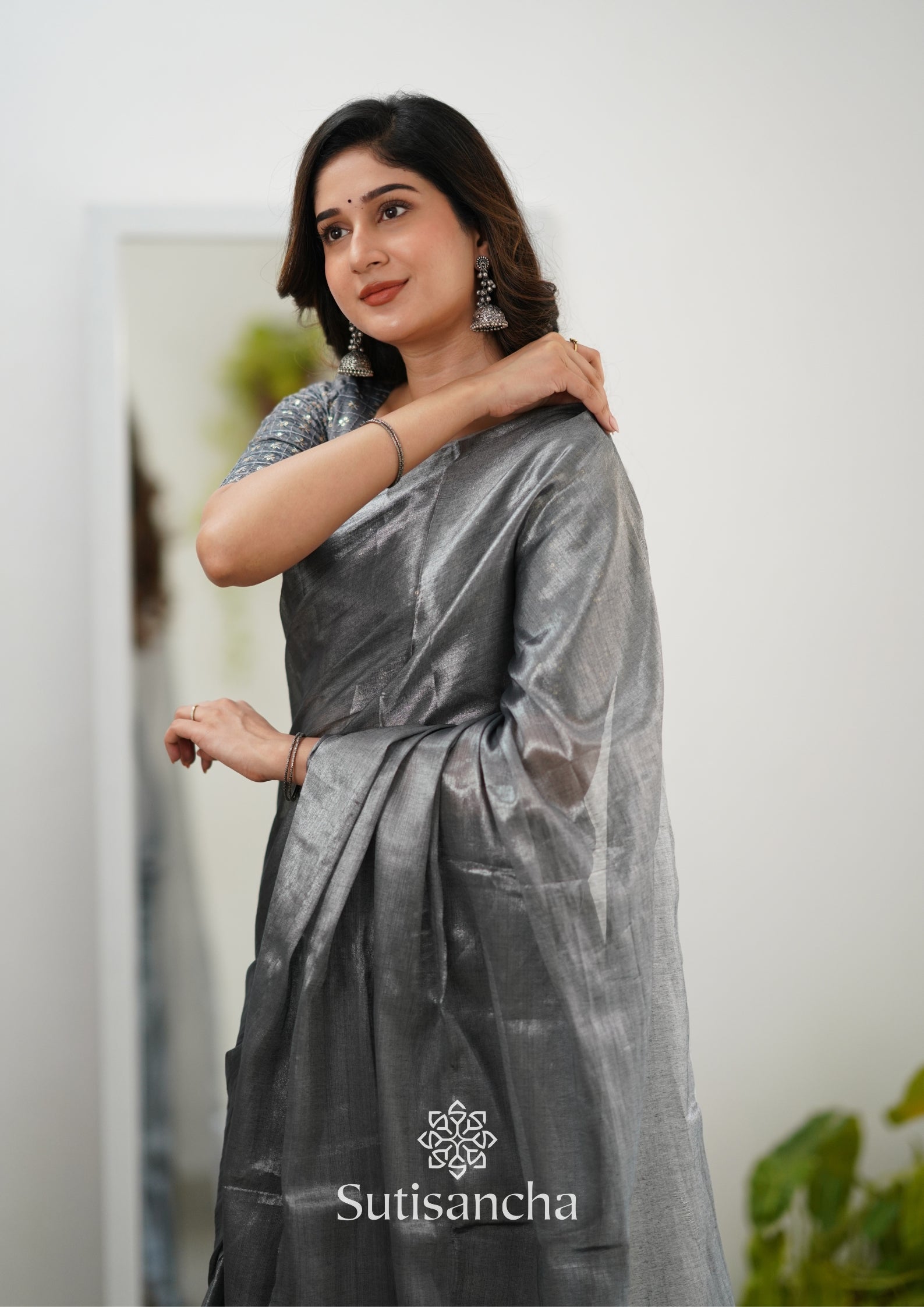 Sutisancha Grey Handloom Tissue Saree With Designer Blouse