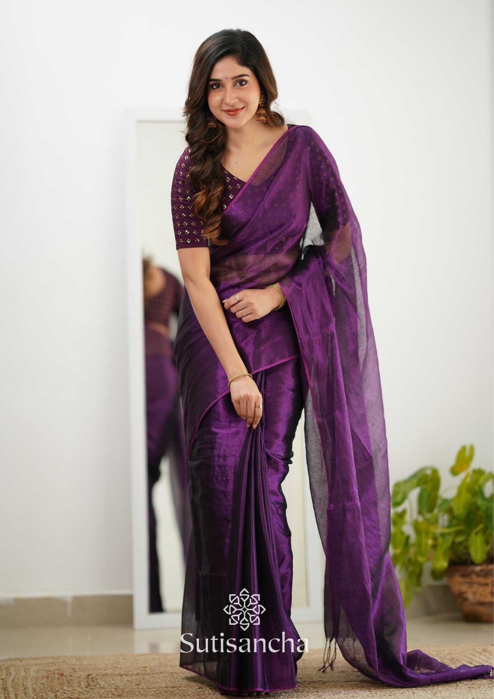 Sutisancha Purple Handloom Tissue Saree With Designer Blouse