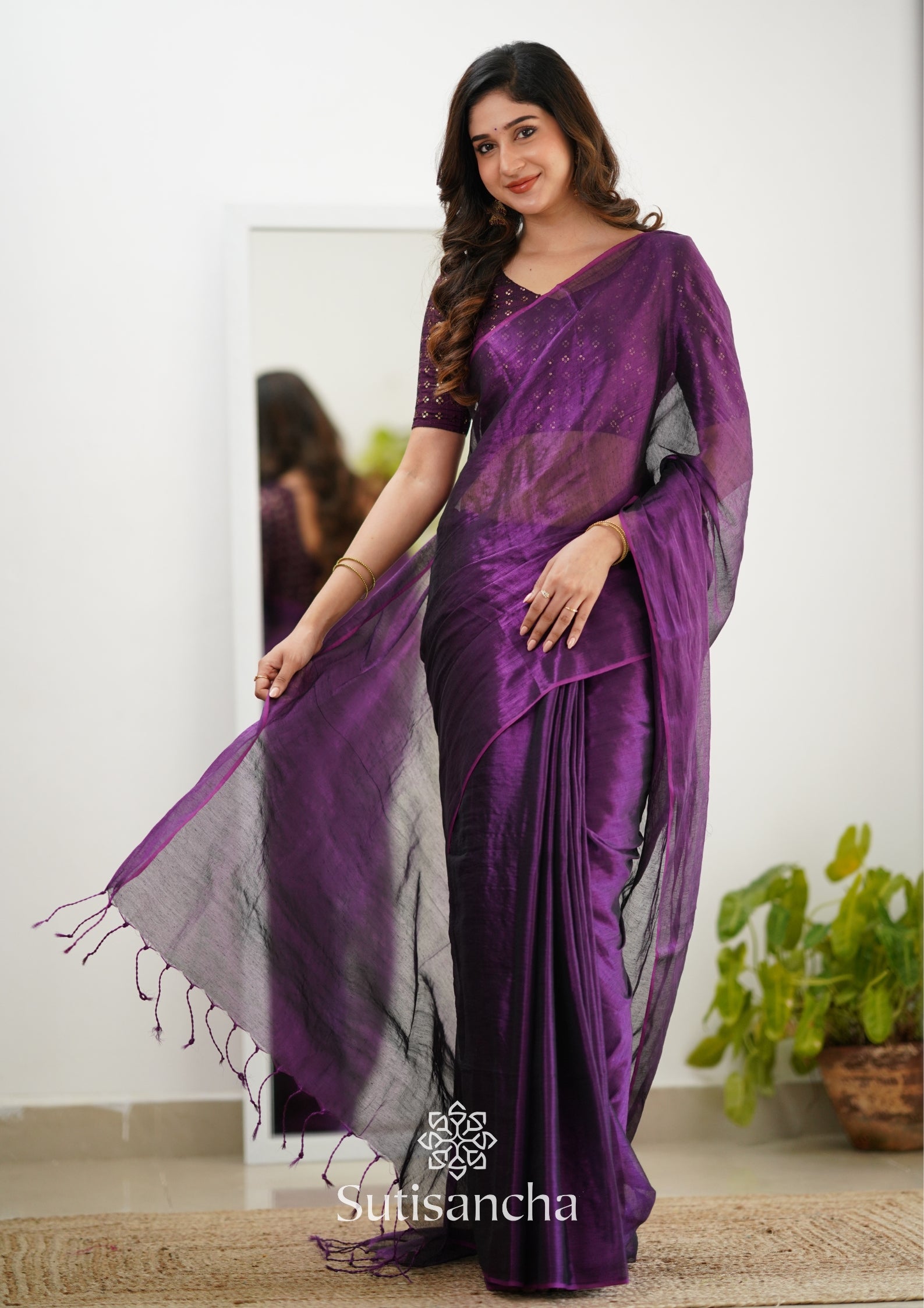 Sutisancha Purple Handloom Tissue Saree With Designer Blouse
