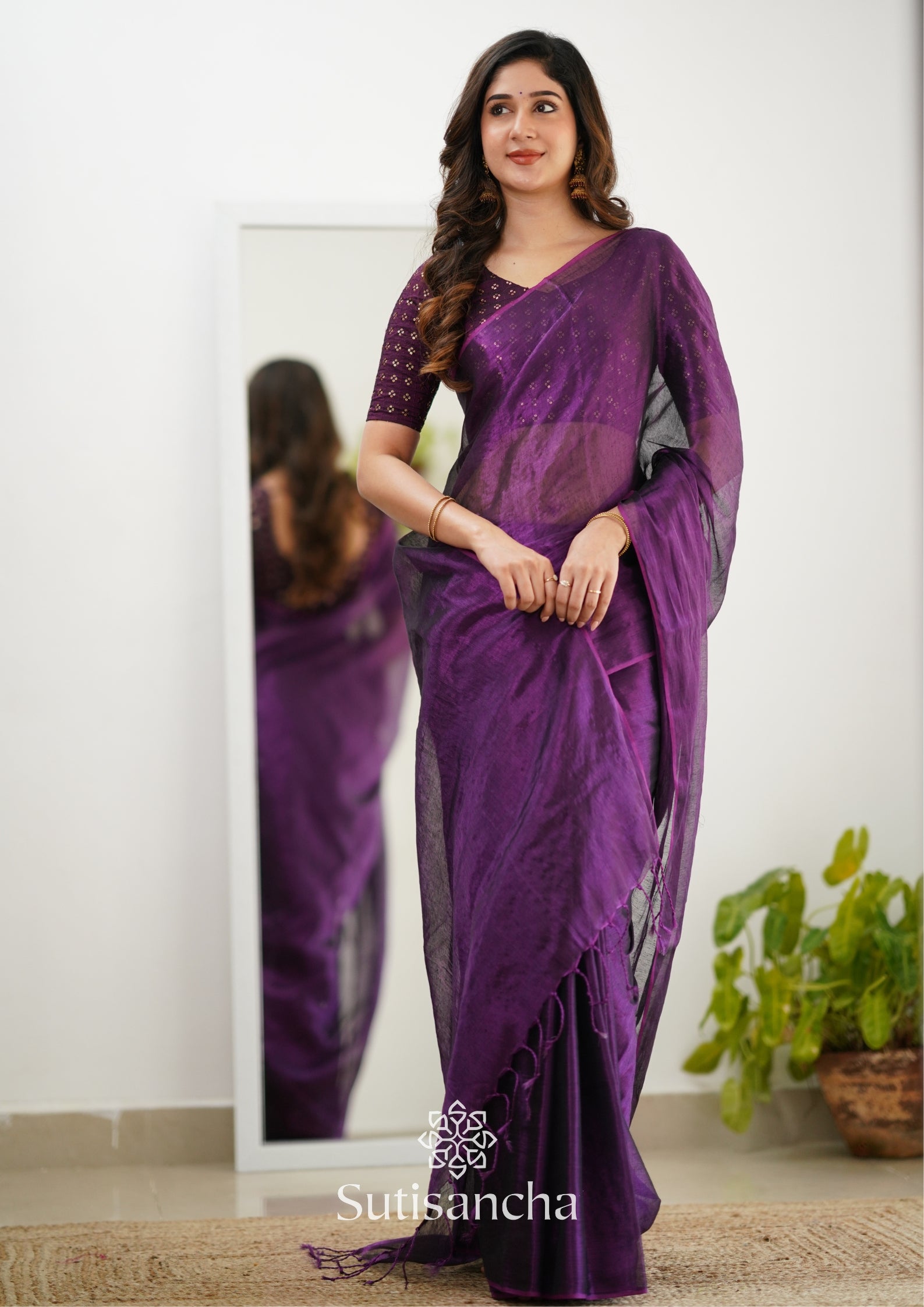 Sutisancha Purple Handloom Tissue Saree With Designer Blouse
