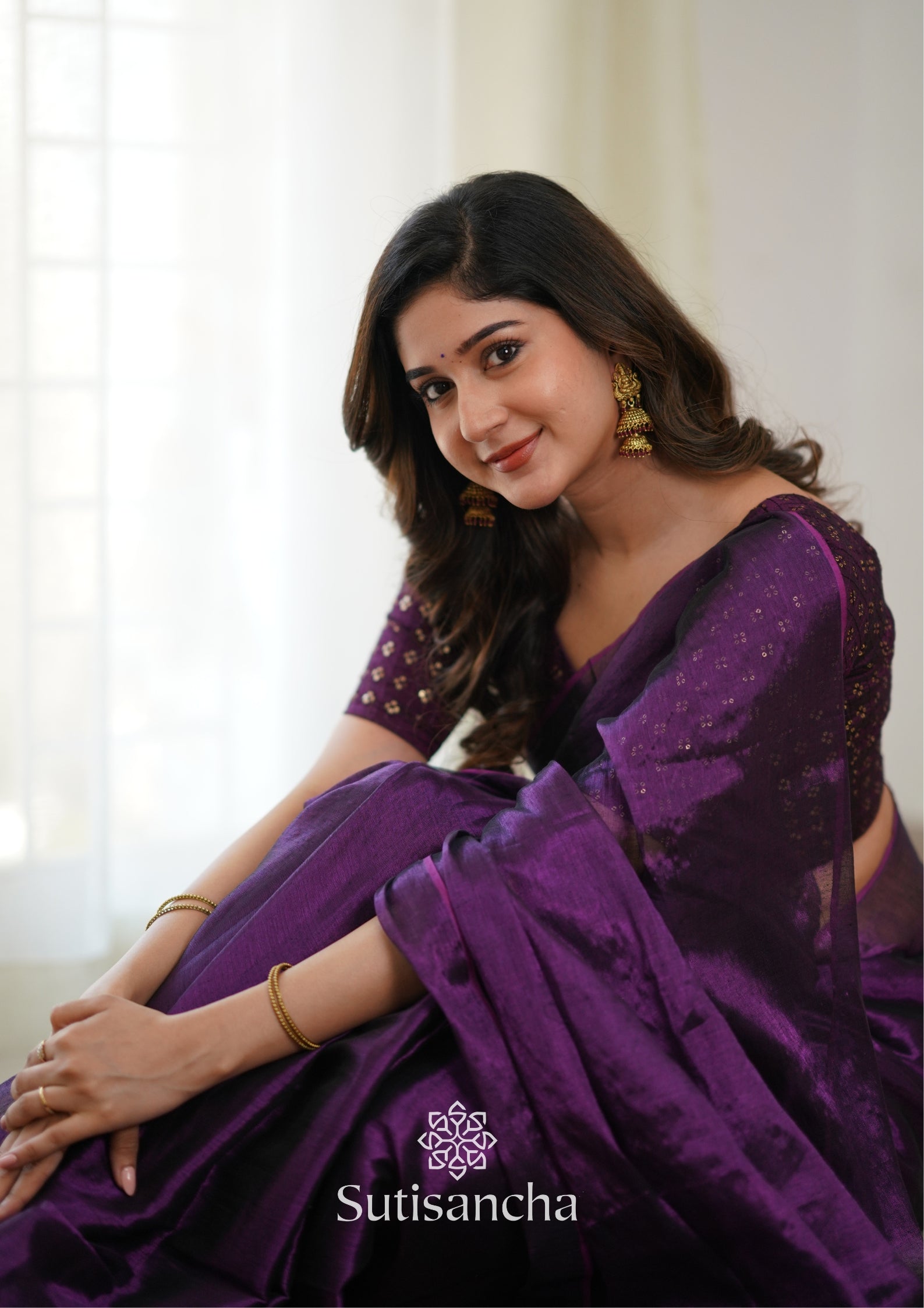 Sutisancha Purple Handloom Tissue Saree With Designer Blouse