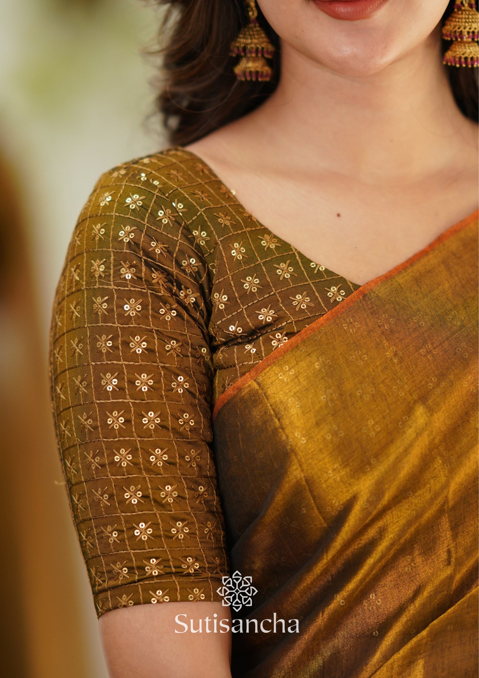 Sutisancha Metallic Gold Handloom Tissue Saree With Designer Blouse