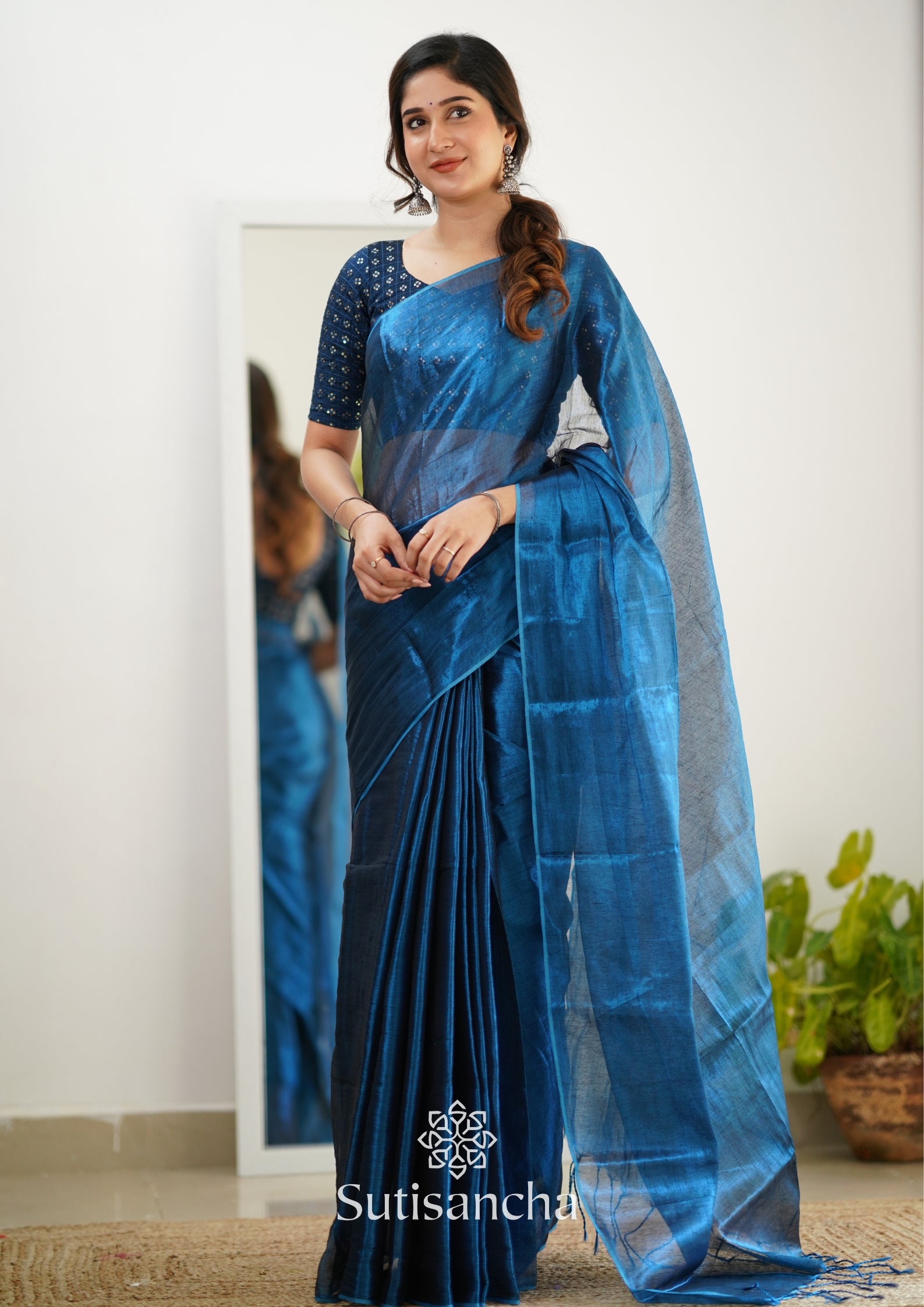 Sutisancha Indigoblue Handloom Tissue Saree With Designer Blouse