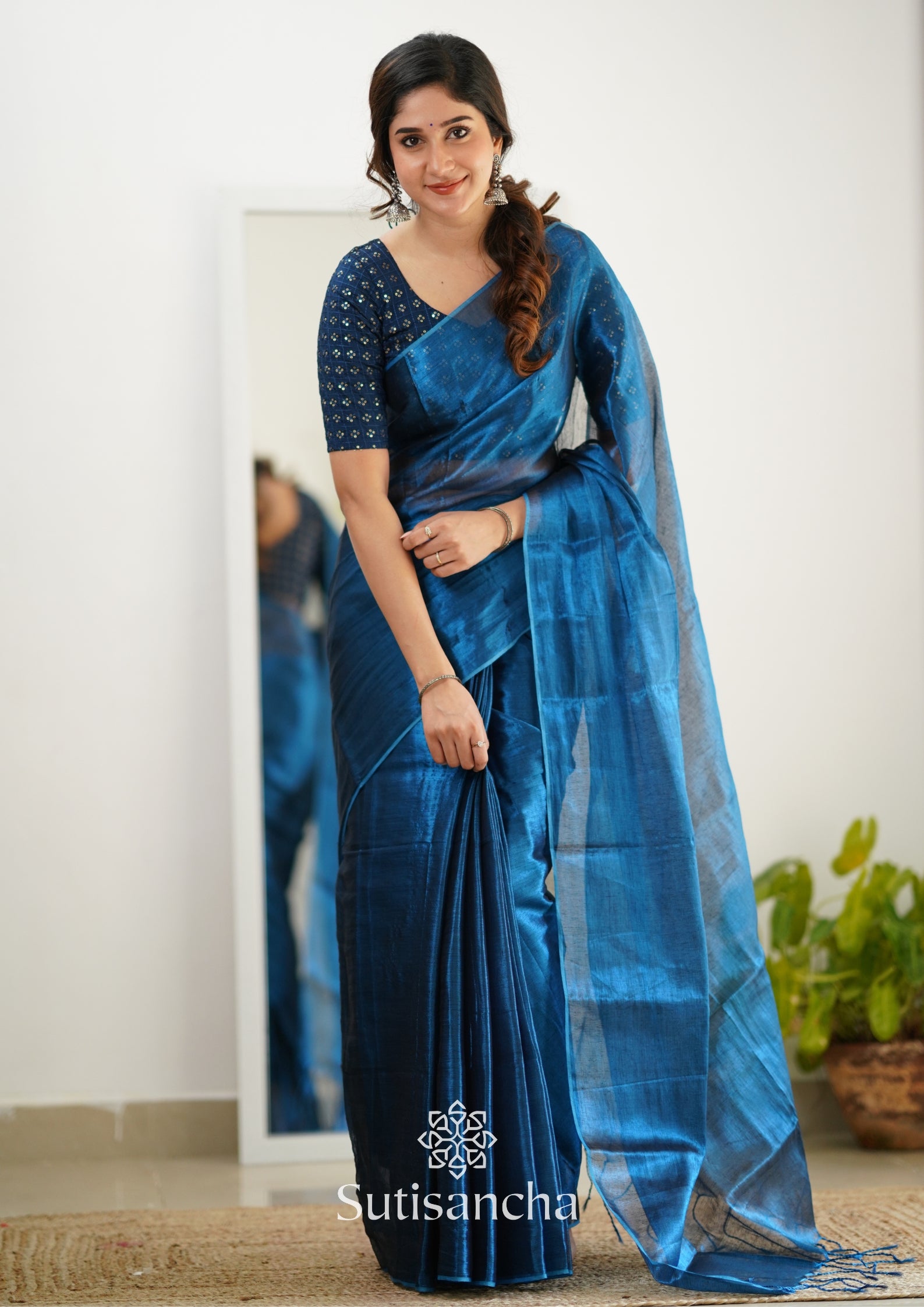 Sutisancha Indigoblue Handloom Tissue Saree With Designer Blouse