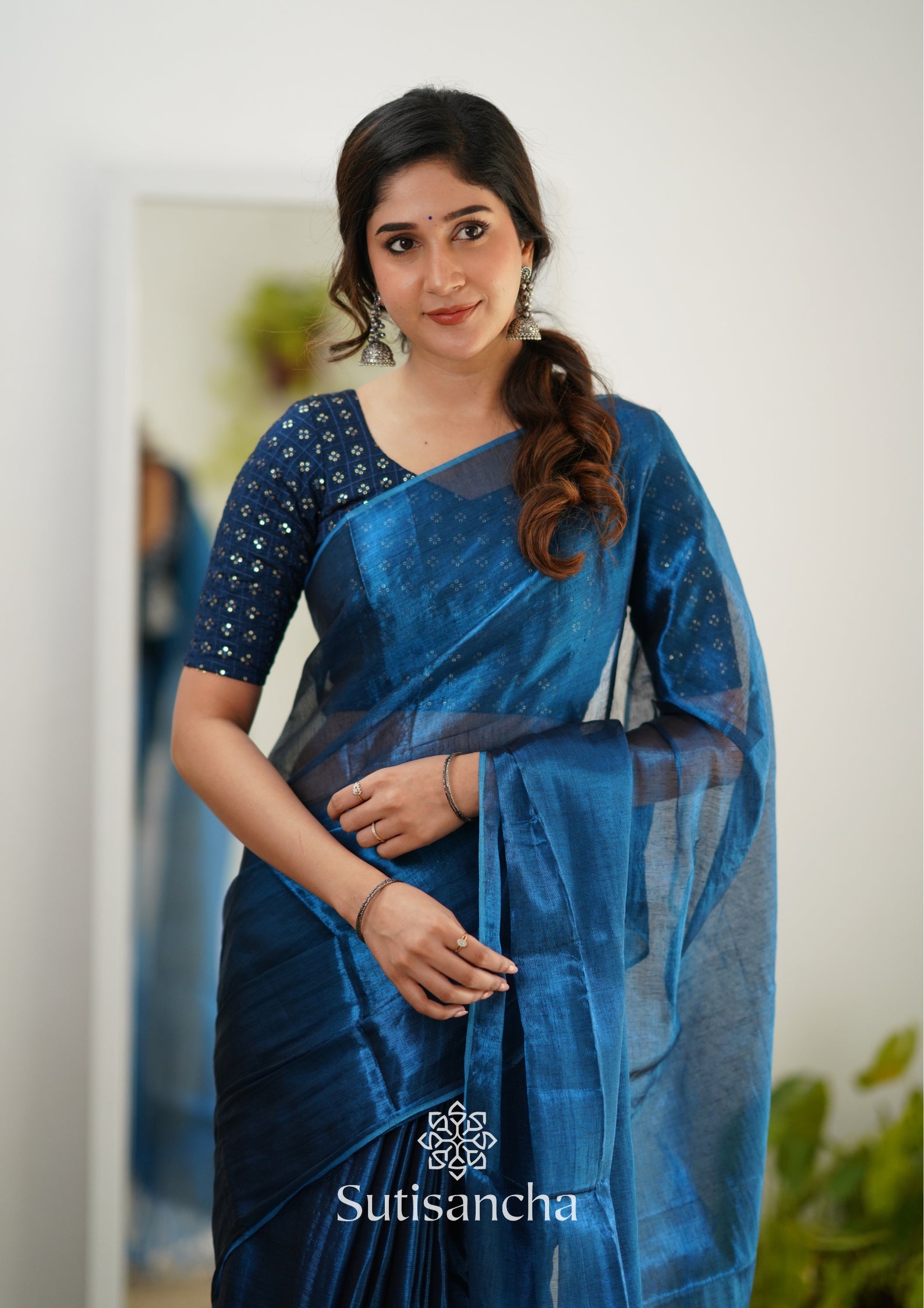 Sutisancha Indigoblue Handloom Tissue Saree With Designer Blouse