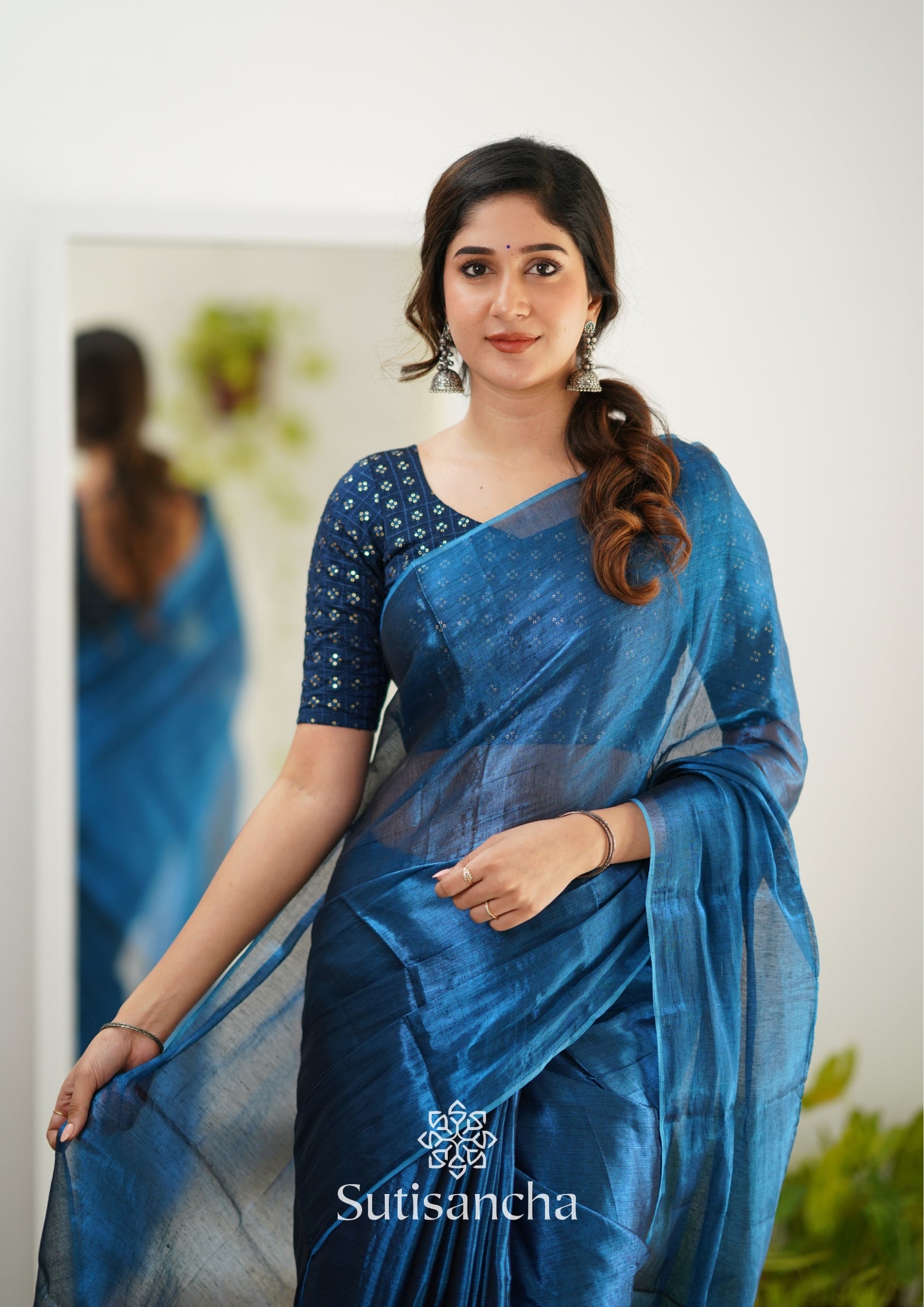 Sutisancha Indigoblue Handloom Tissue Saree With Designer Blouse