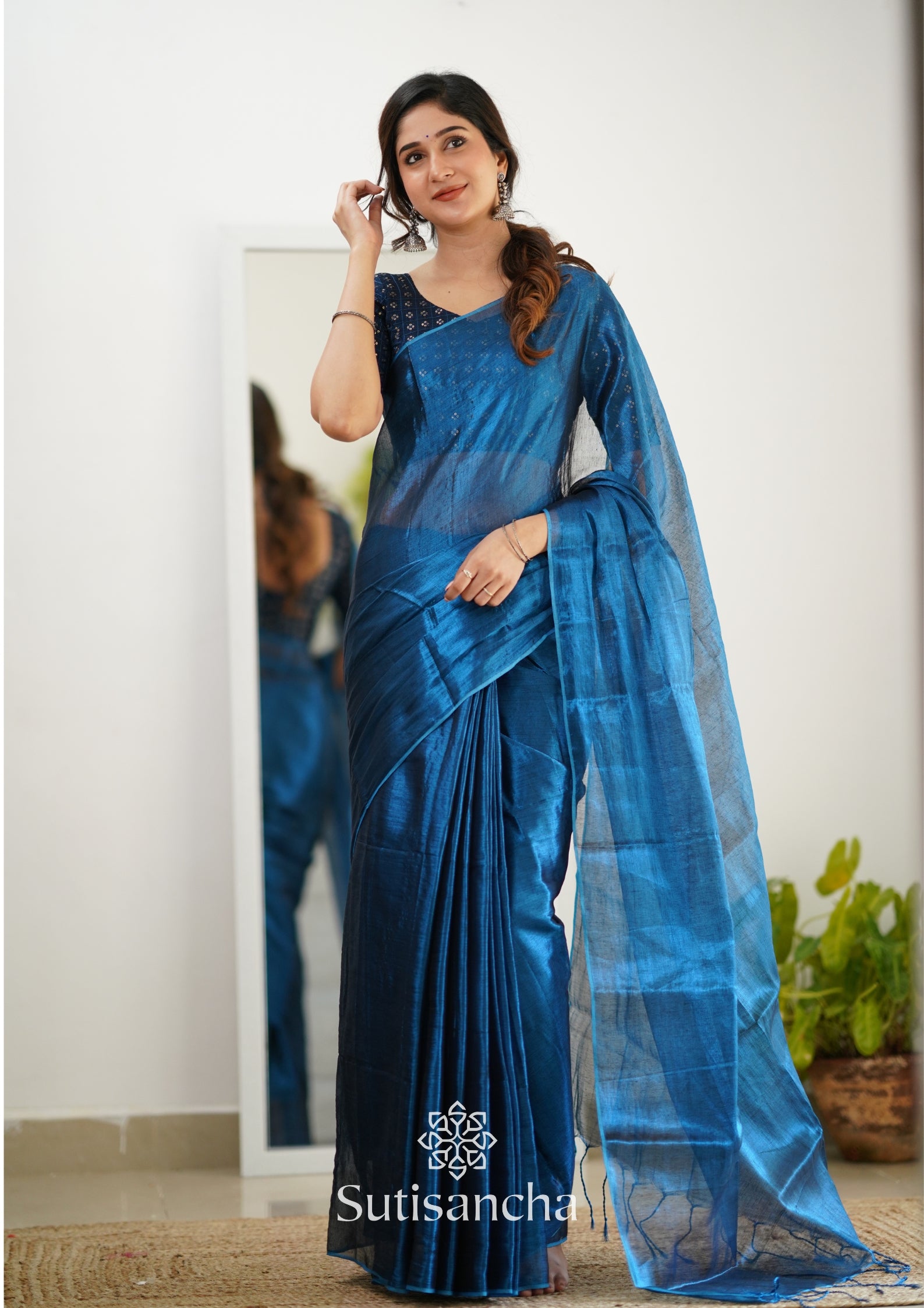 Sutisancha Indigoblue Handloom Tissue Saree With Designer Blouse