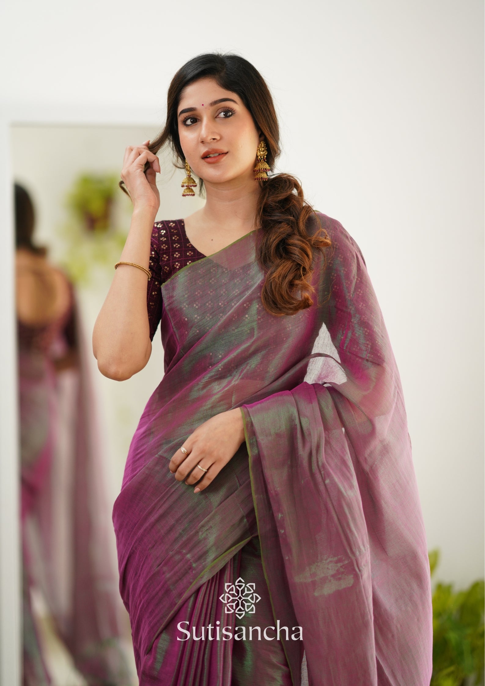Sutisancha Onionpink Handloom Tissue Saree With Designer Blouse