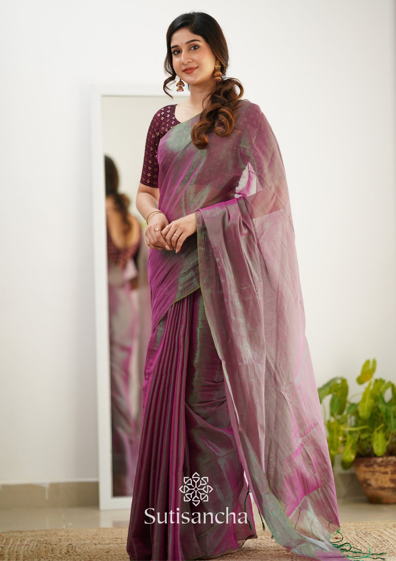 Sutisancha Onionpink Handloom Tissue Saree With Designer Blouse