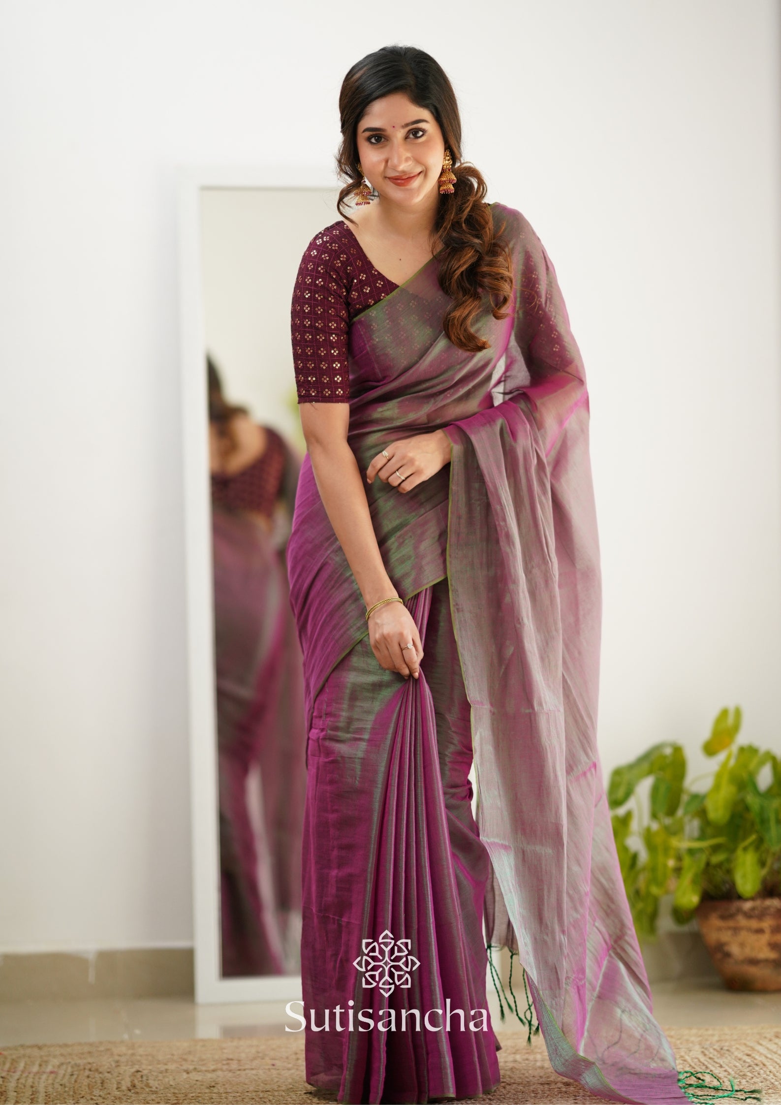 Sutisancha Onionpink Handloom Tissue Saree With Designer Blouse