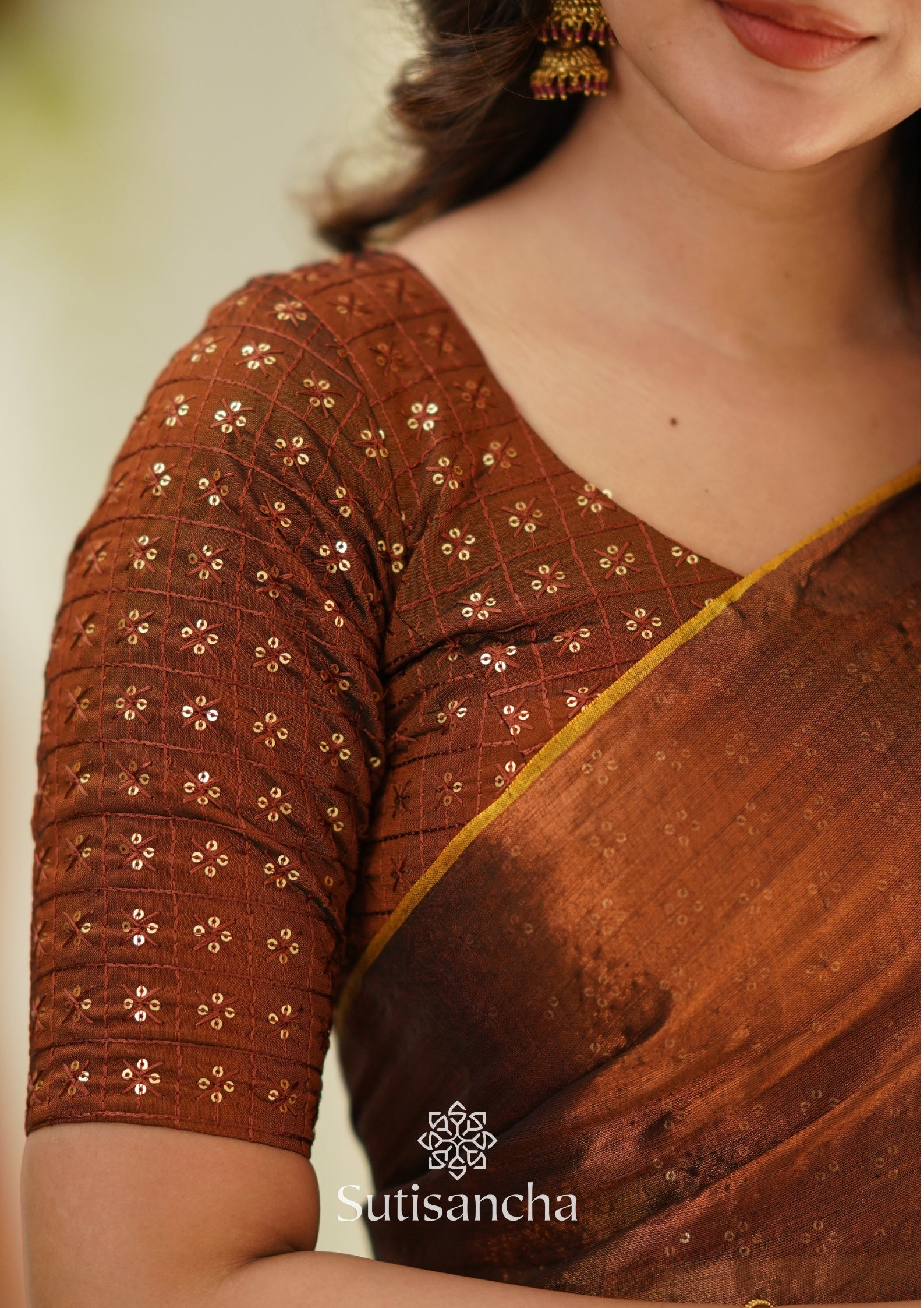Sutisancha Copper Handloom Tissue Saree With Designer Blouse