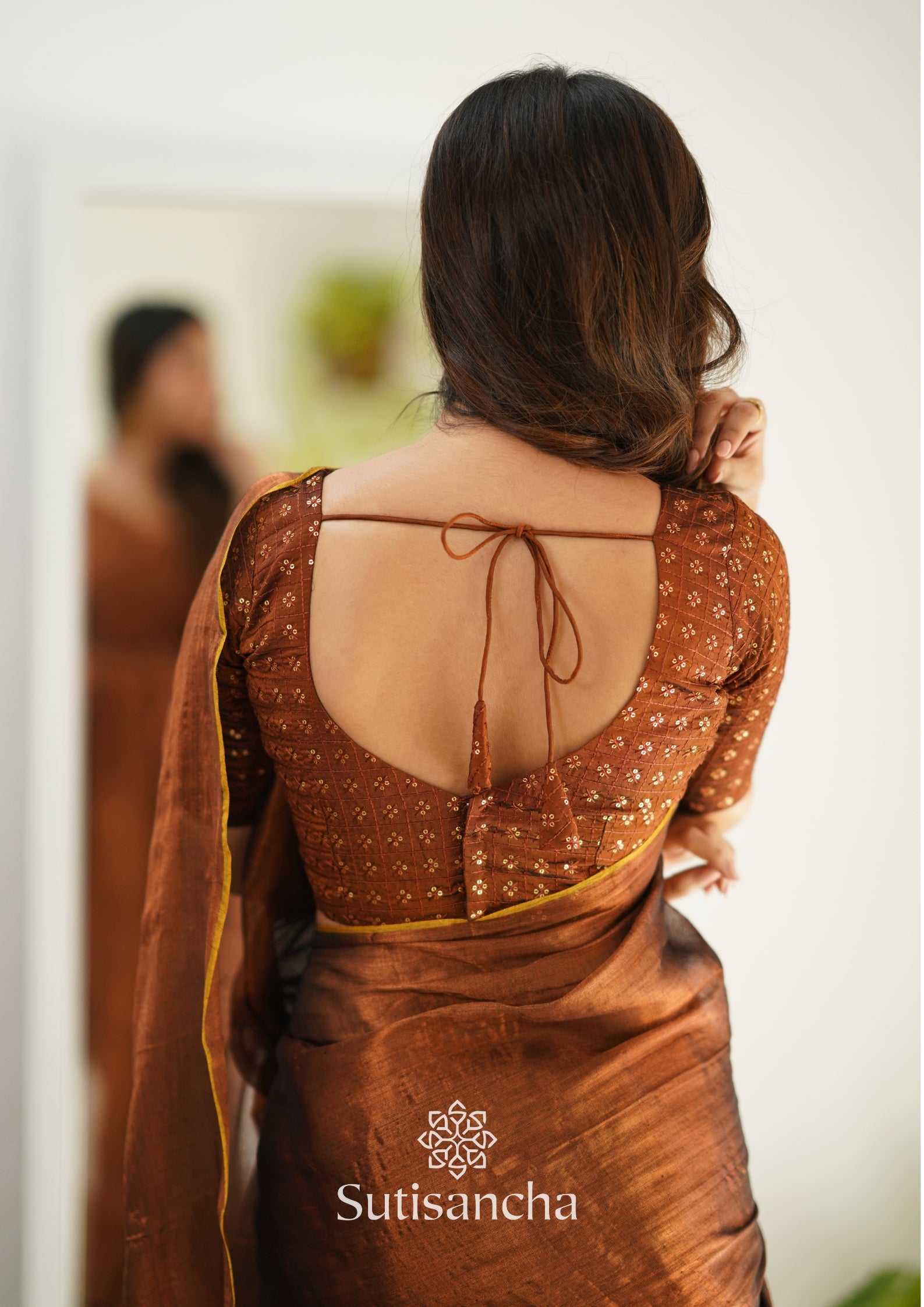 Sutisancha Copper Handloom Tissue Saree With Designer Blouse