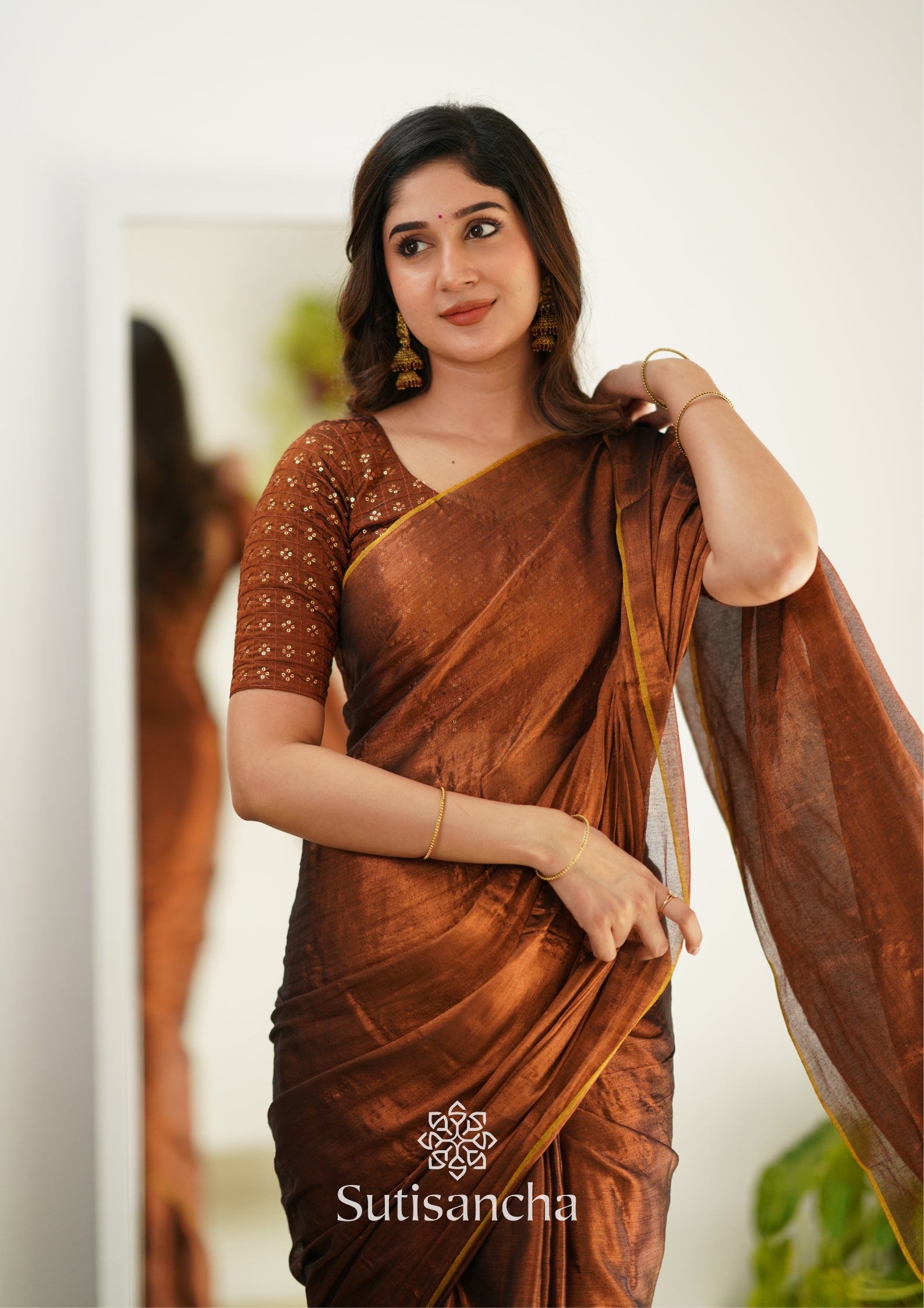 Sutisancha Copper Handloom Tissue Saree With Designer Blouse