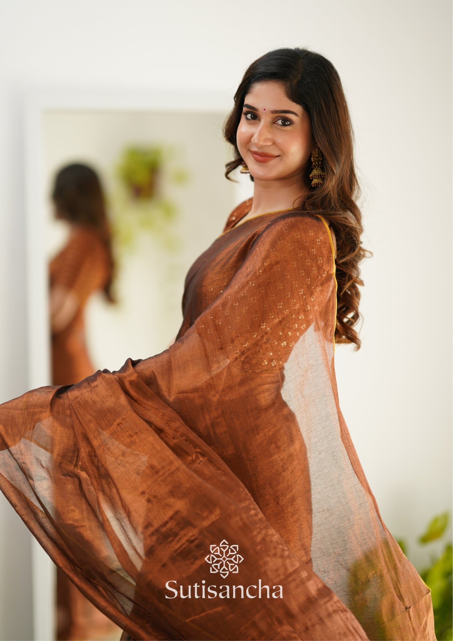 Sutisancha Copper Handloom Tissue Saree With Designer Blouse