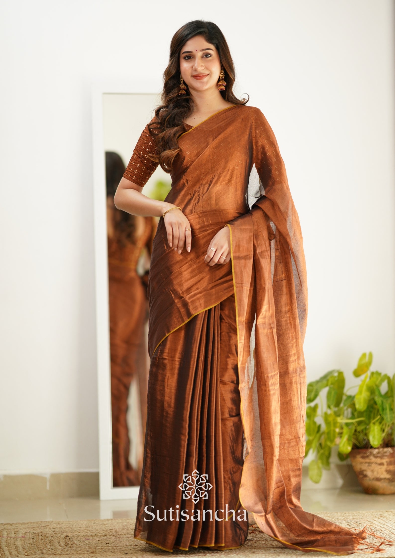 Sutisancha Copper Handloom Tissue Saree With Designer Blouse