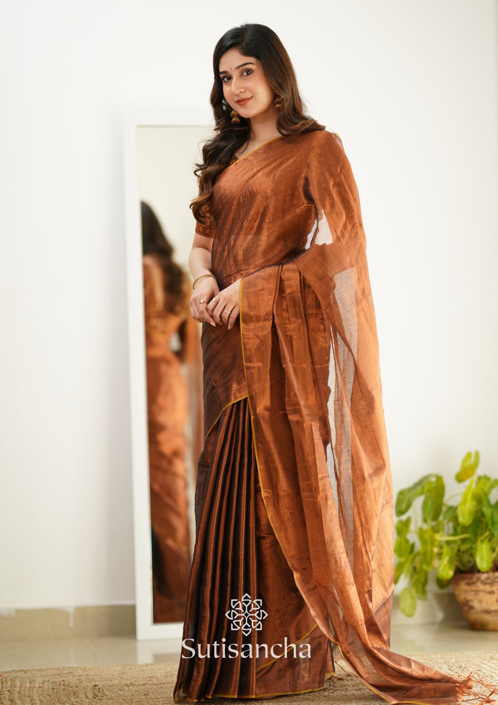 Sutisancha Copper Handloom Tissue Saree With Designer Blouse