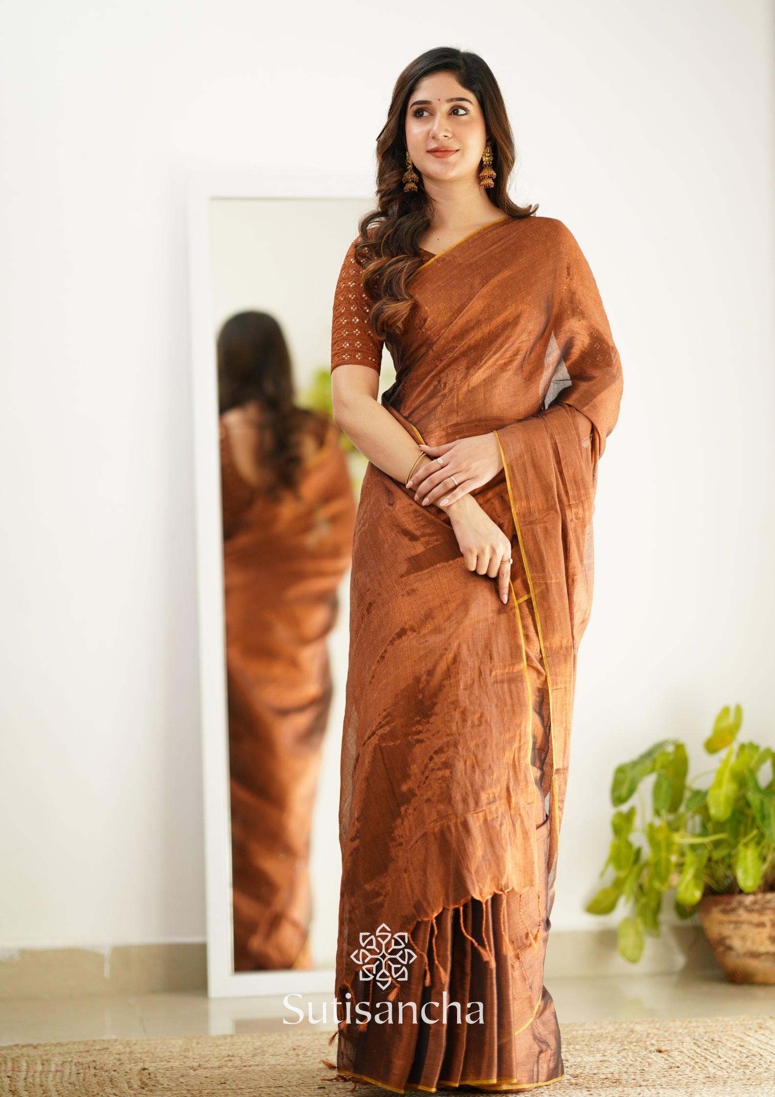 Sutisancha Copper Handloom Tissue Saree With Designer Blouse