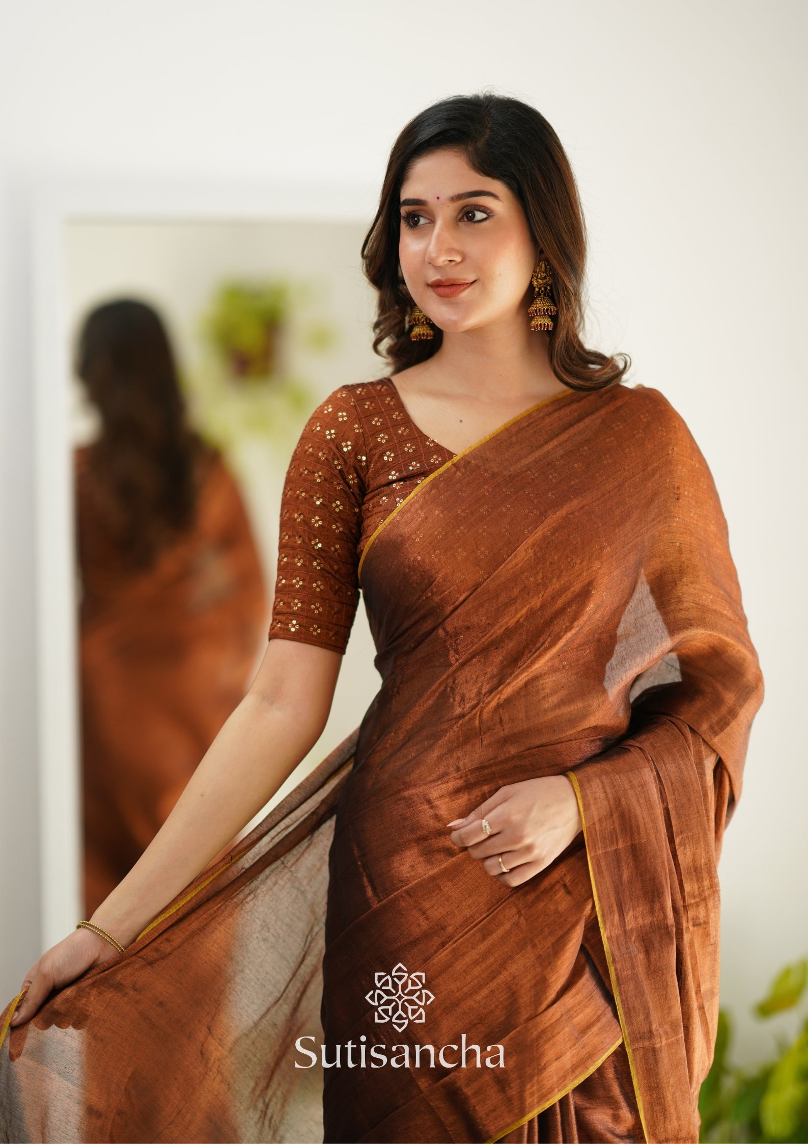 Sutisancha Copper Handloom Tissue Saree With Designer Blouse