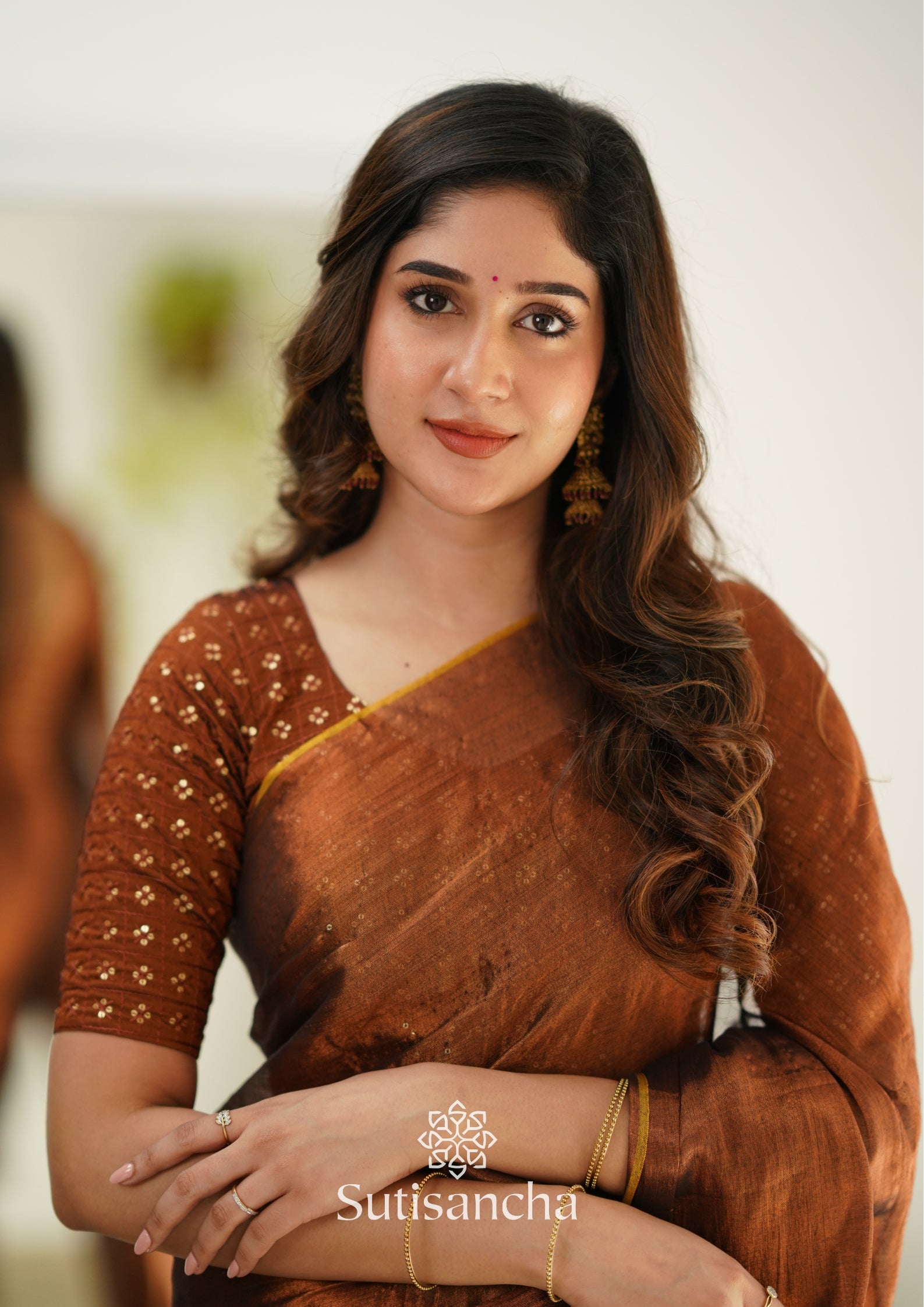 Sutisancha Copper Handloom Tissue Saree With Designer Blouse