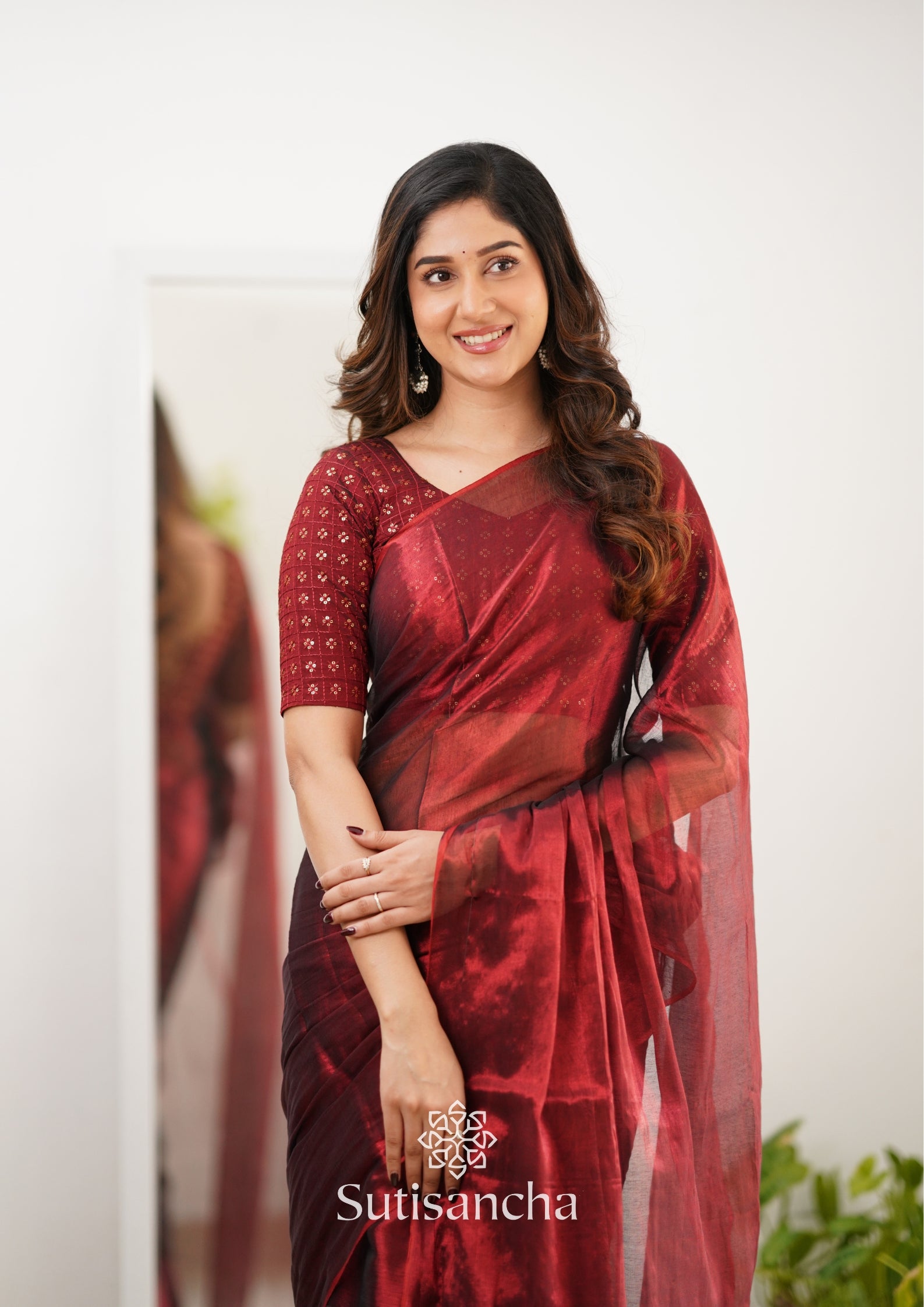 Sutisancha Maroon Handloom Tissue Saree With Designer Blouse