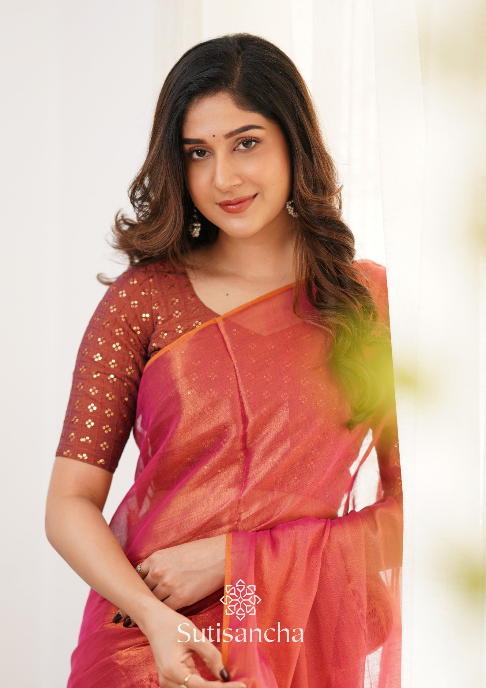 Sutisancha Peach Handloom Tissue Saree With Designer Blouse