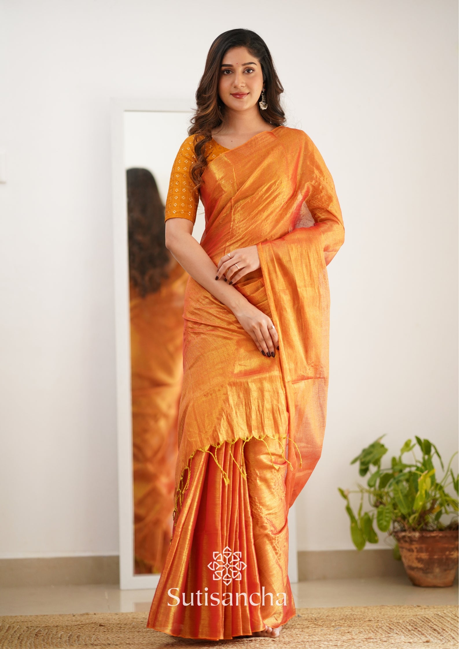 Sutisancha Orange Handloom Tissue Saree With Designer Blouse