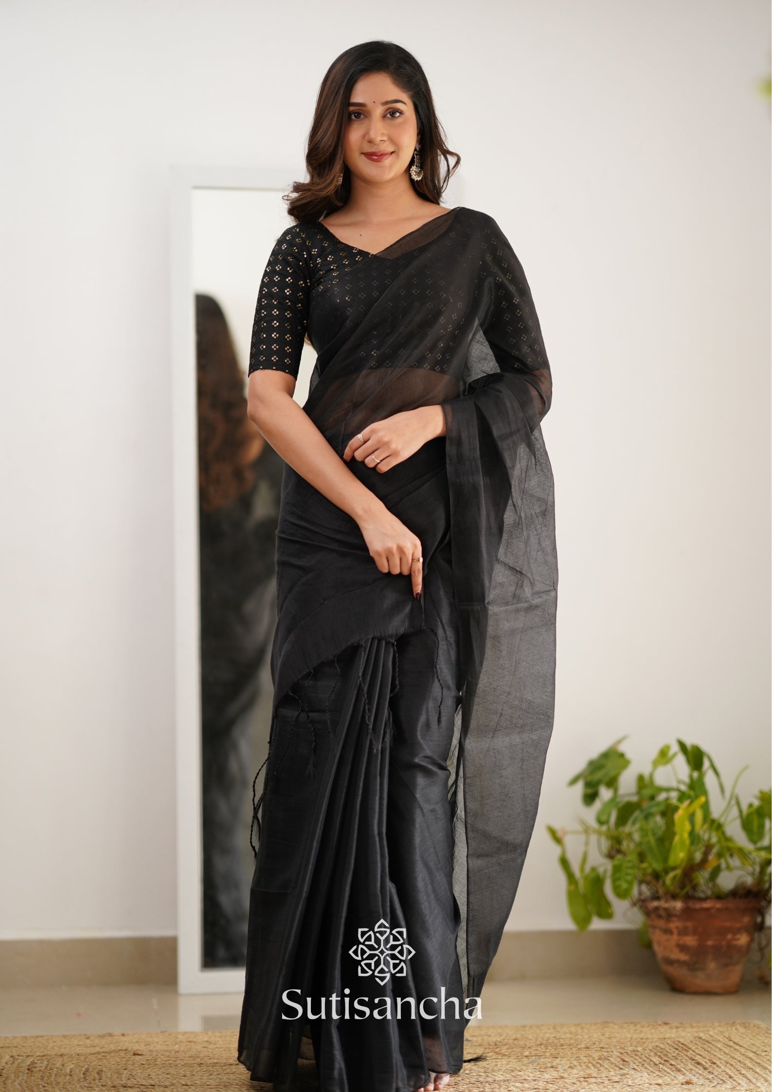 Sutisancha Black Handloom Tissue Saree With Designer Blouse