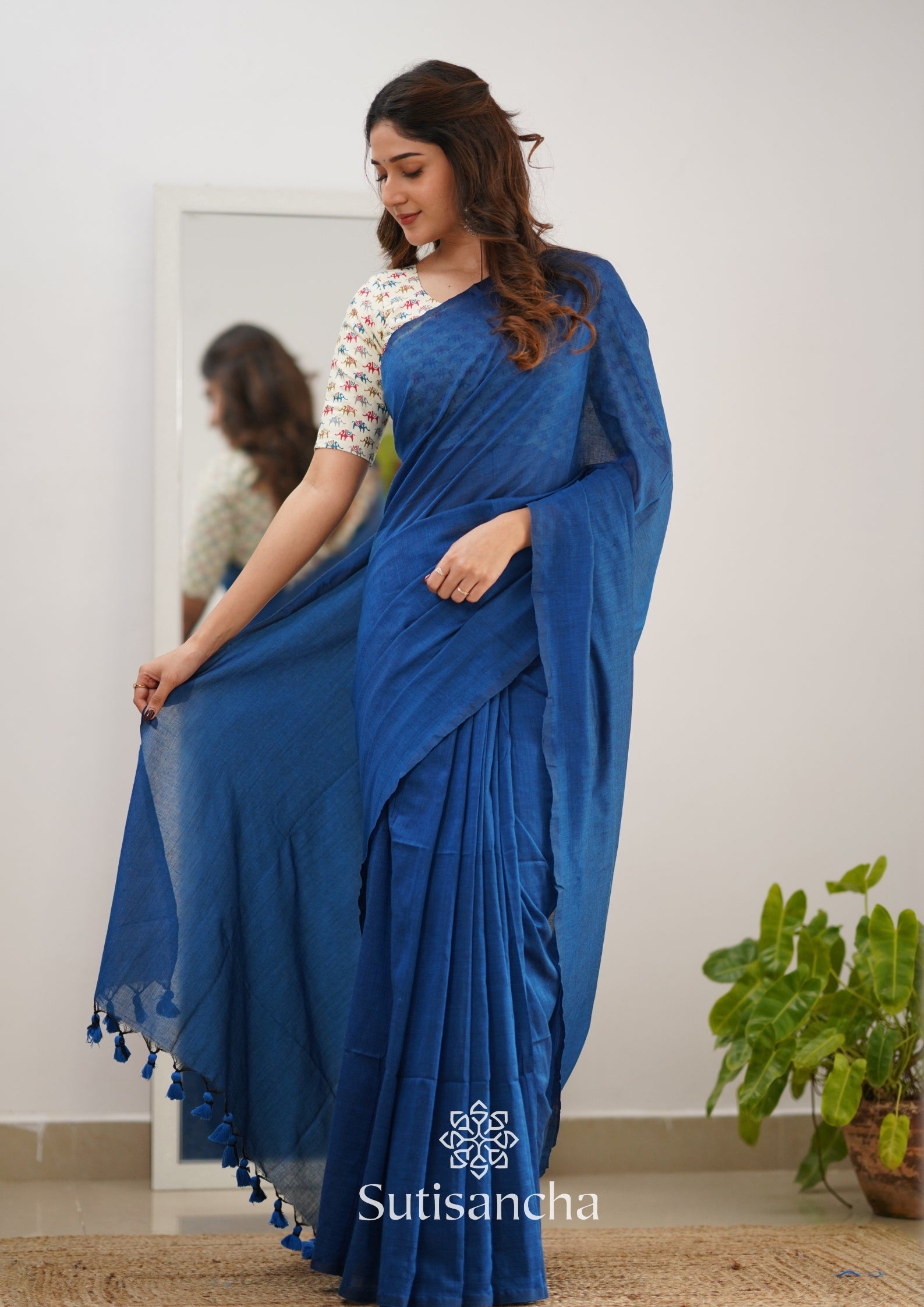 Sutisancha Indigo Handloom Cotton Saree & Designer Blouse