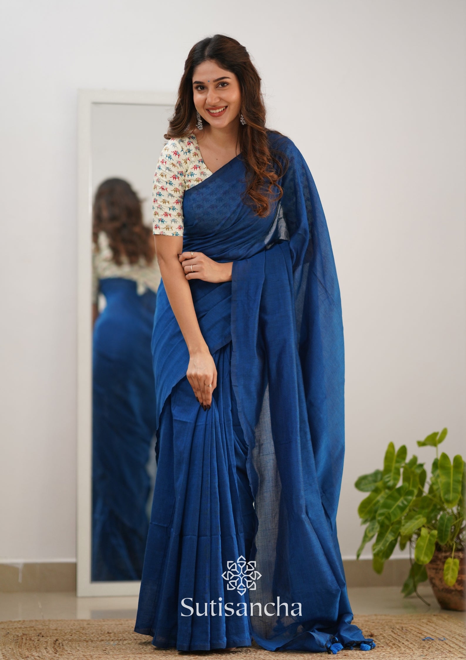 Sutisancha Indigo Handloom Cotton Saree & Designer Blouse