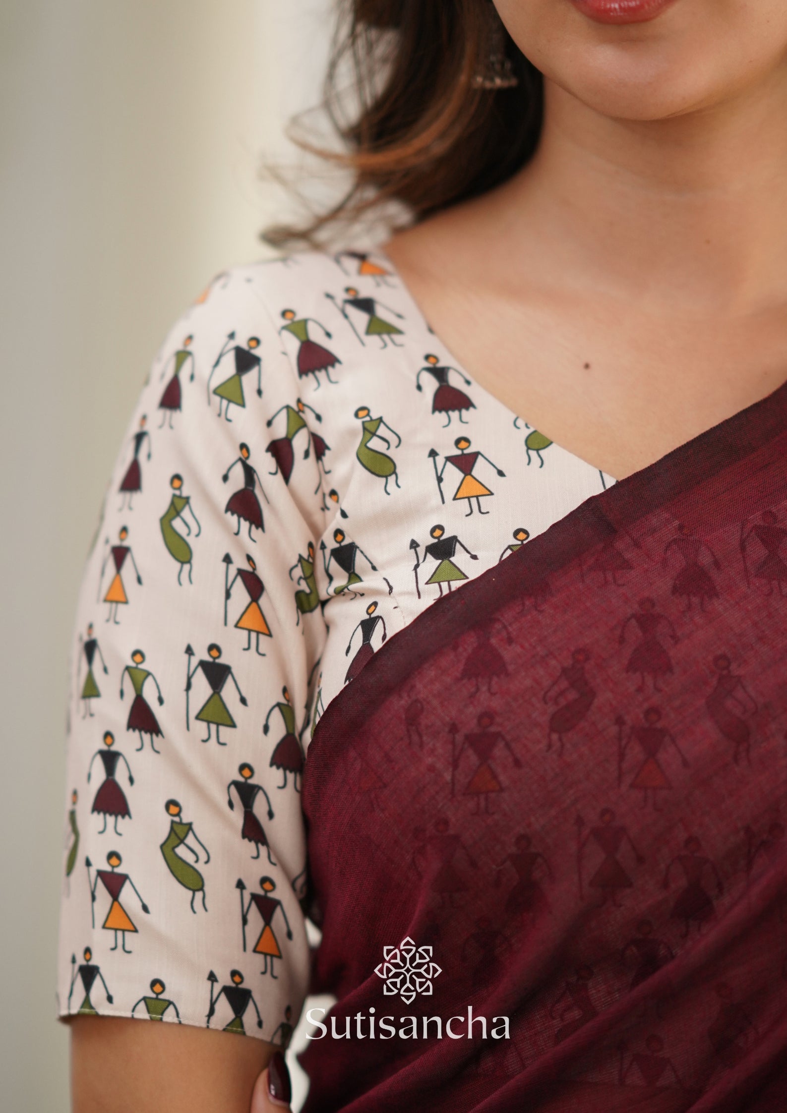 Sutisancha Maroon Handloom Cotton Saree With Doll Print Blouse