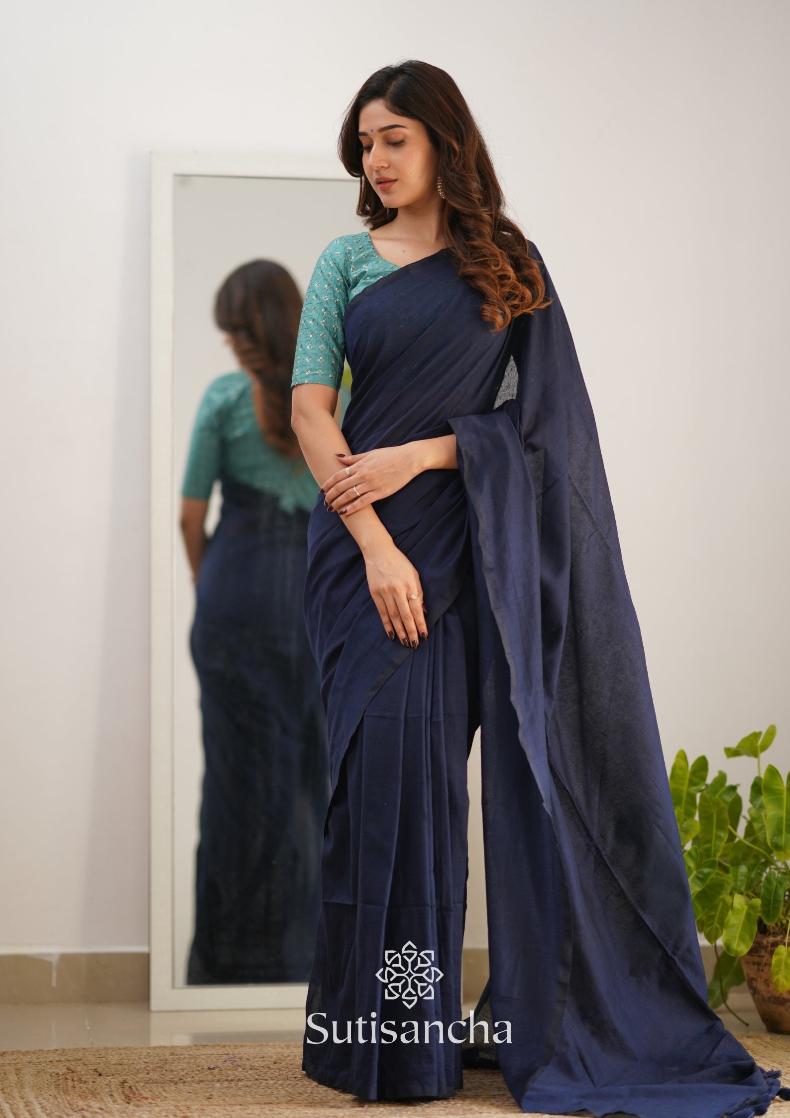 Sutisancha Navyblue Handloom Cotton Saree with Designer Blouse