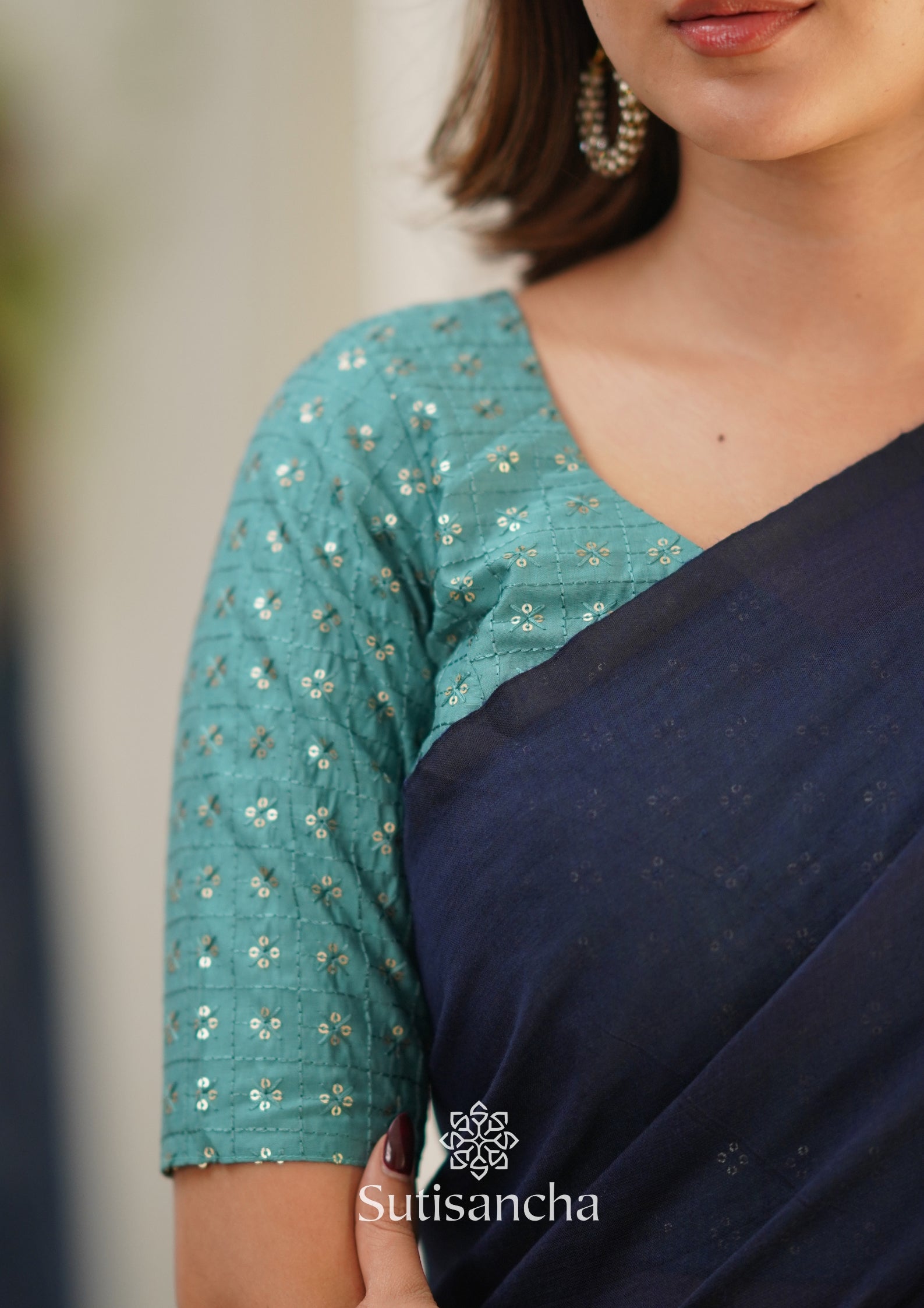 Sutisancha Navyblue Handloom Cotton Saree with Designer Blouse