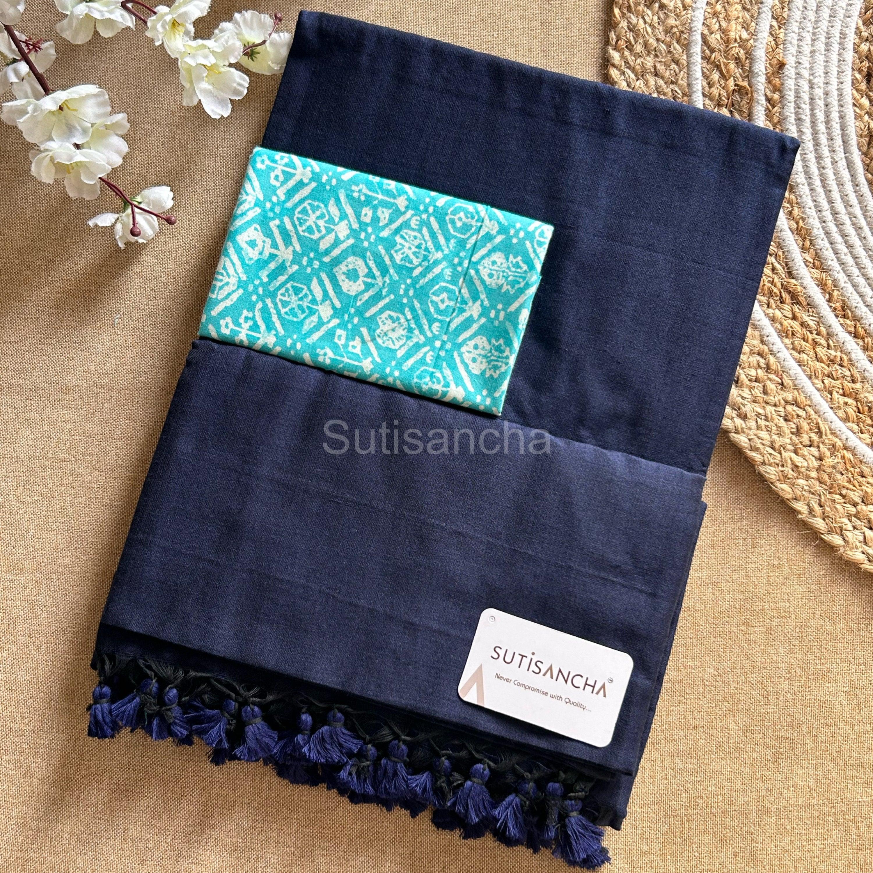 Sutisancha Navyblue Khadi Saree & Cotton Design Blouse - Suti Sancha