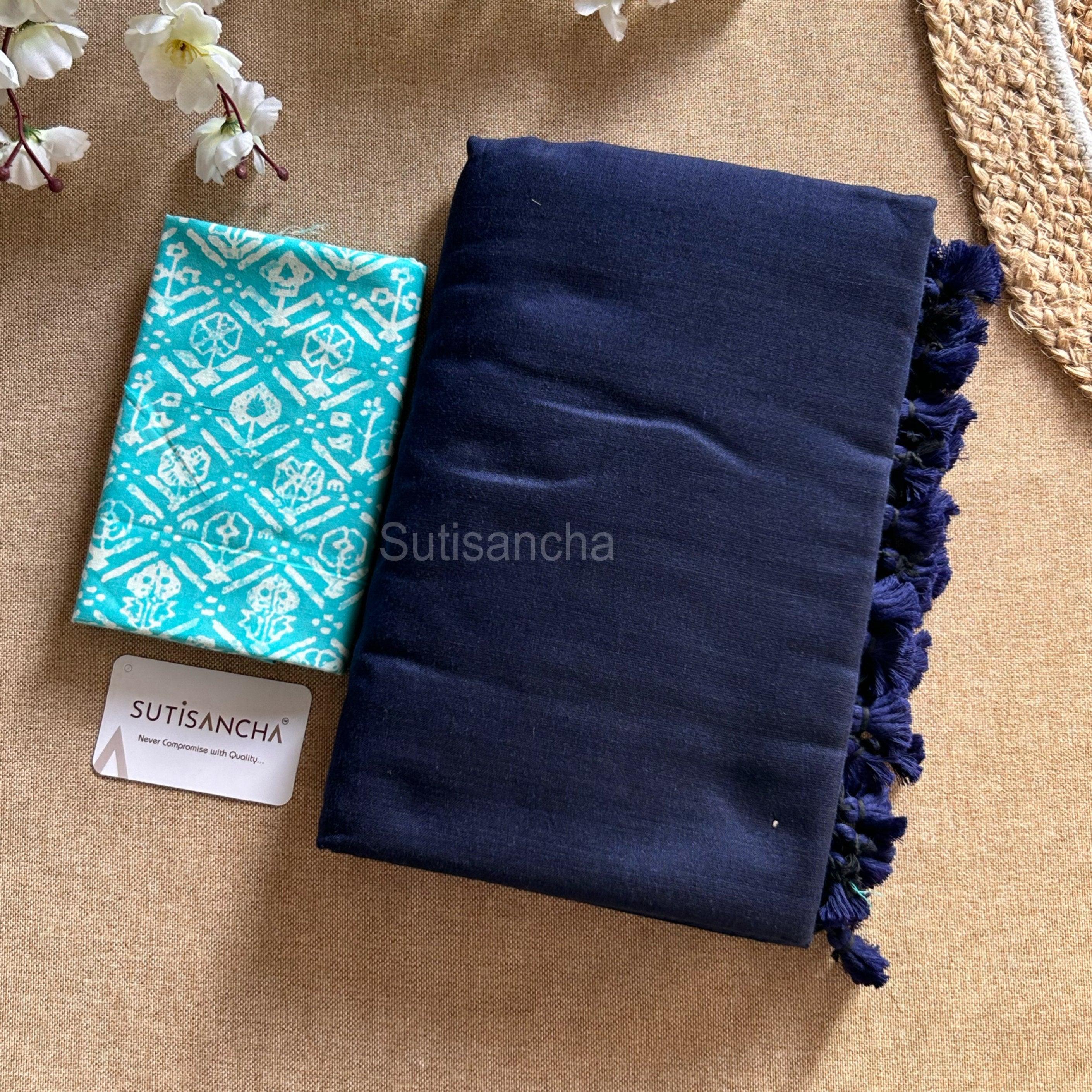Sutisancha Navyblue Khadi Saree & Cotton Design Blouse - Suti Sancha