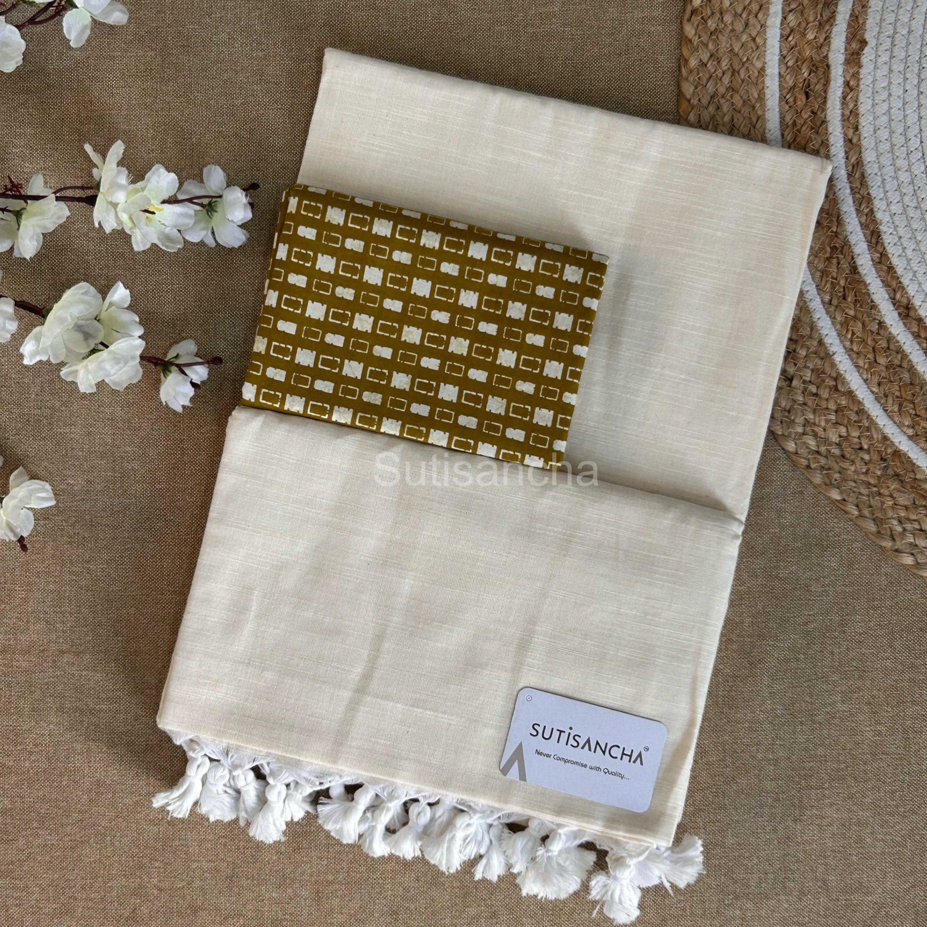 Sutisancha Offwhite Khadi Saree & Cotton Design Blouse - Suti Sancha