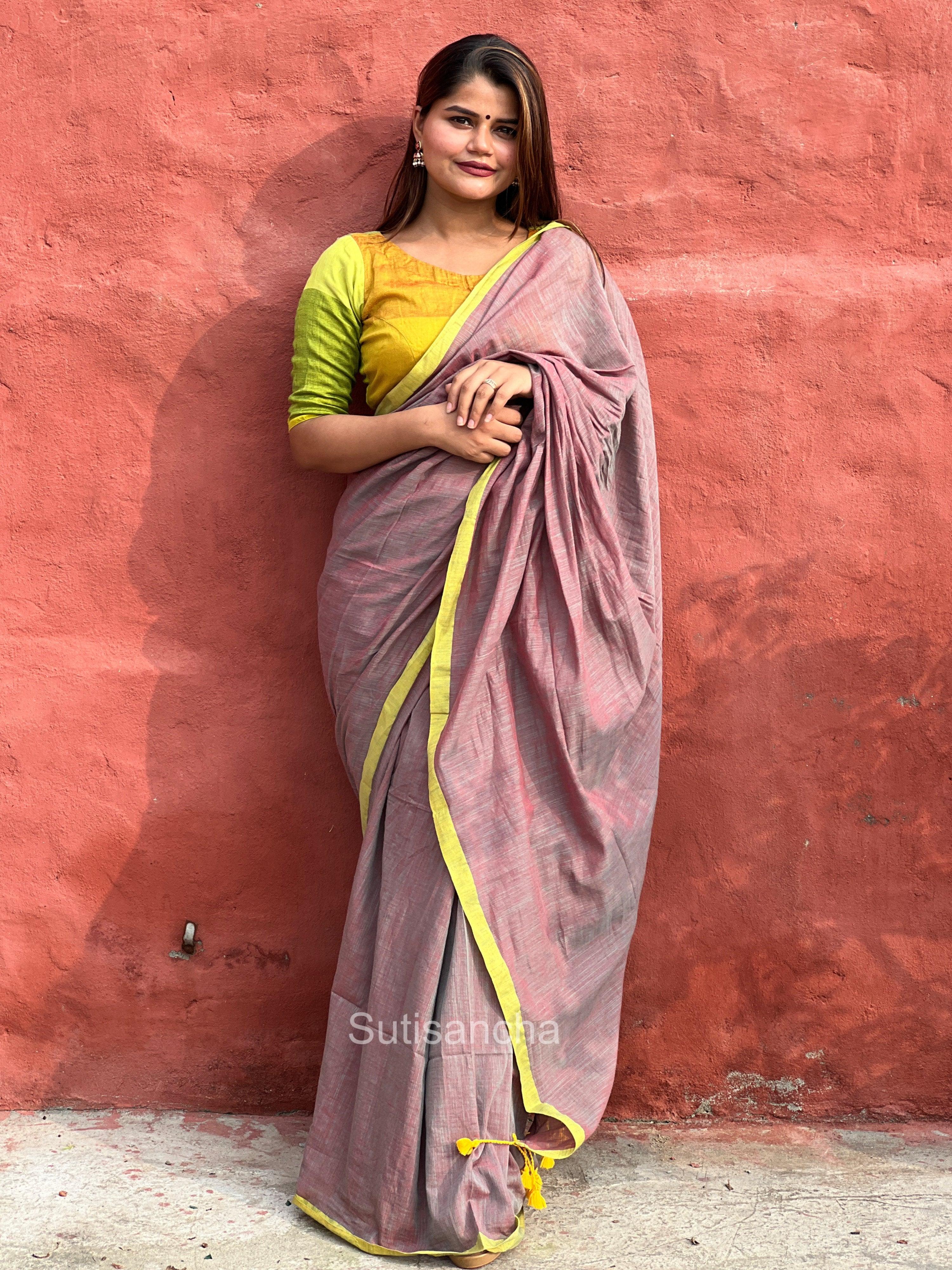 Sutisancha Nut Brown & Parrot Border Handloom Saree - Suti Sancha