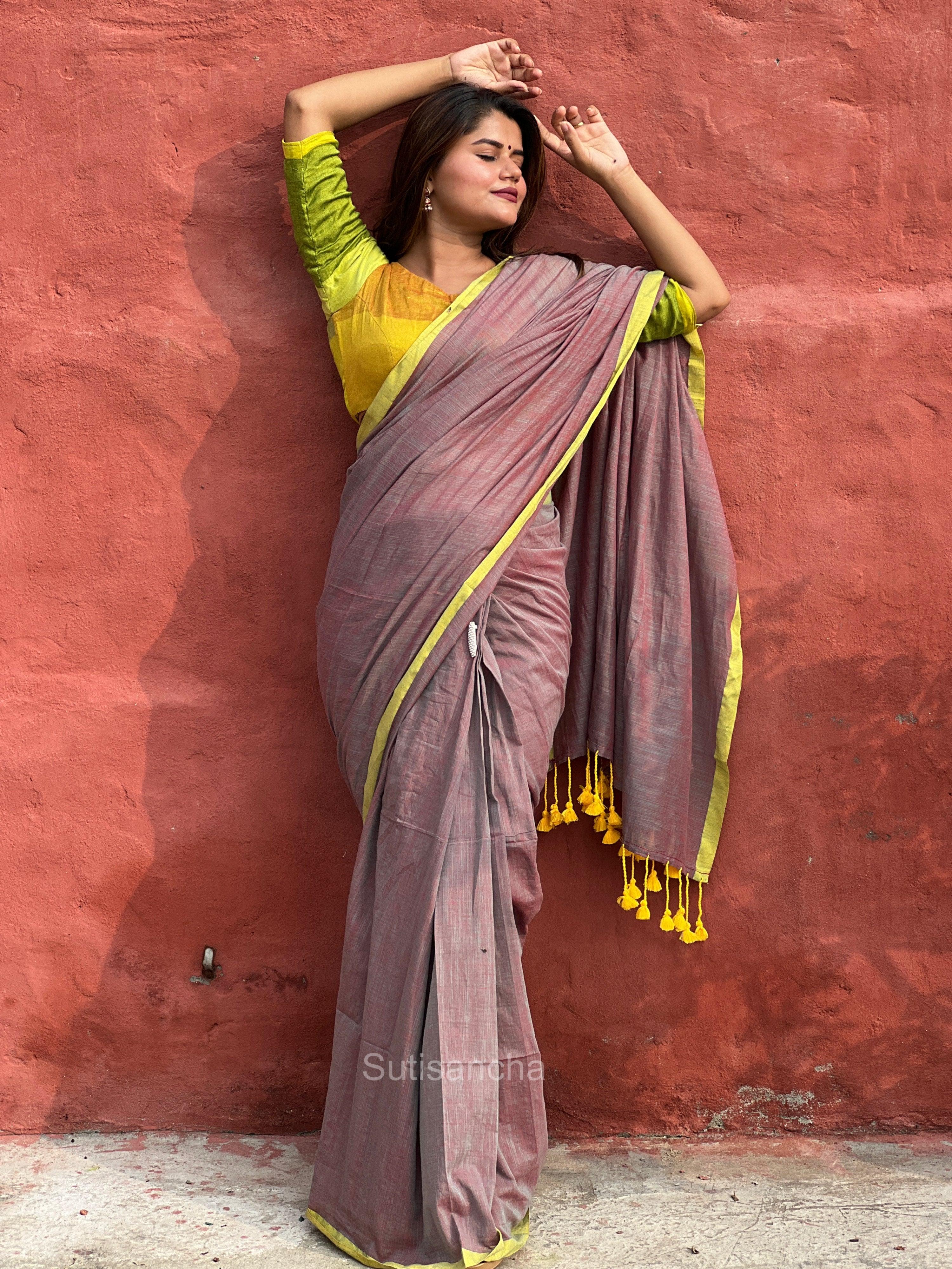 Sutisancha Nut Brown & Parrot Border Handloom Saree - Suti Sancha