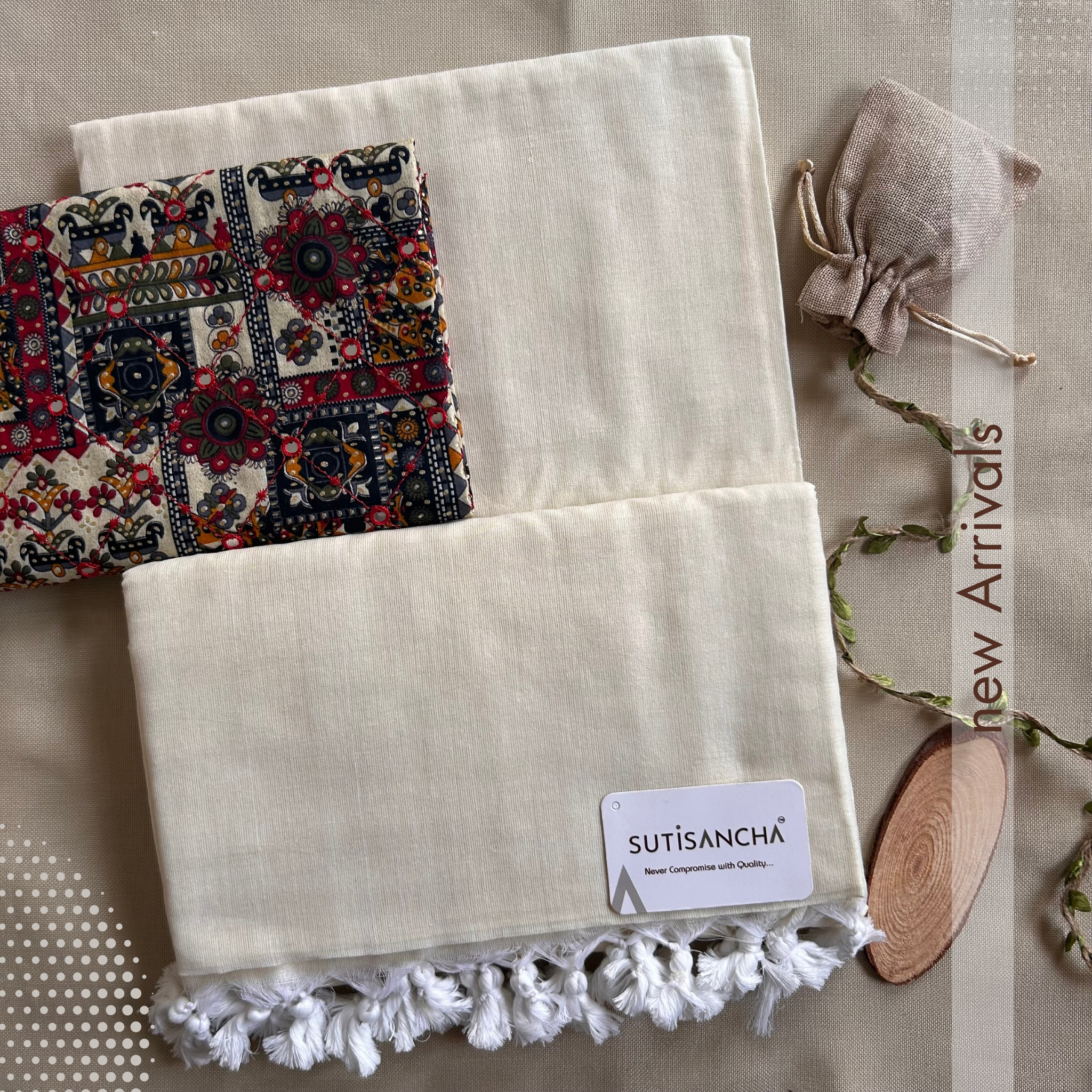 Sutisancha Offwhite Handloom Cotton Saree with designer Blouse