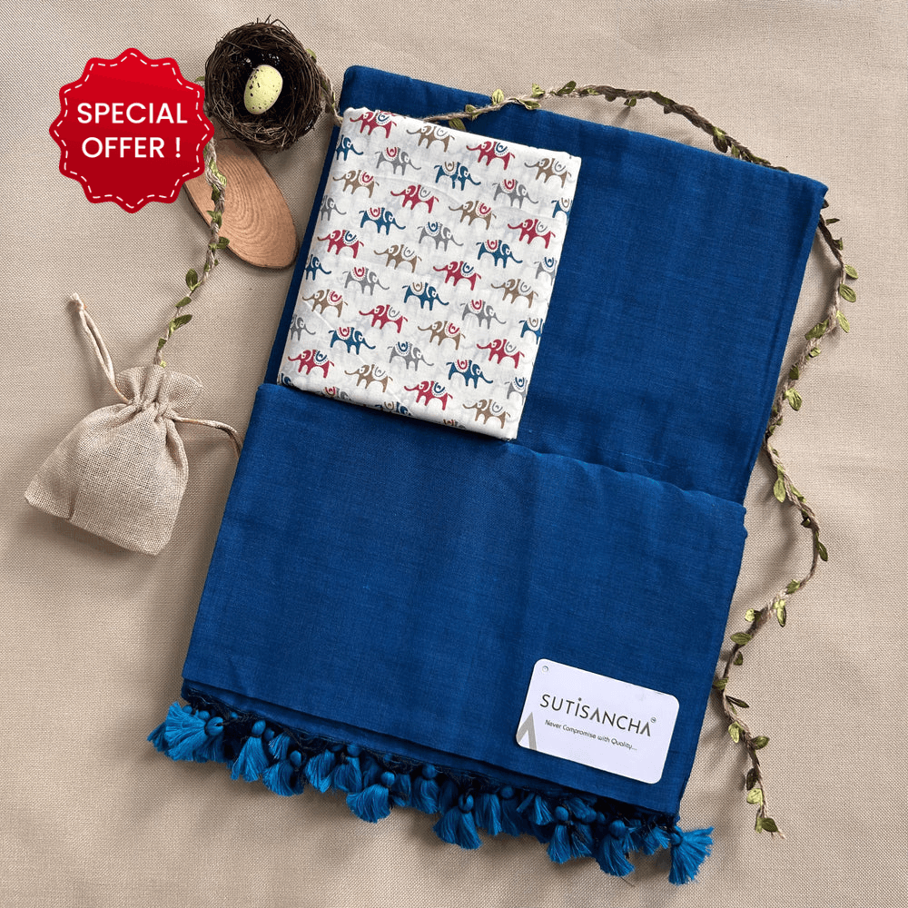 Sutisancha Indigo Khadi Saree & Designer Blouse - Suti Sancha