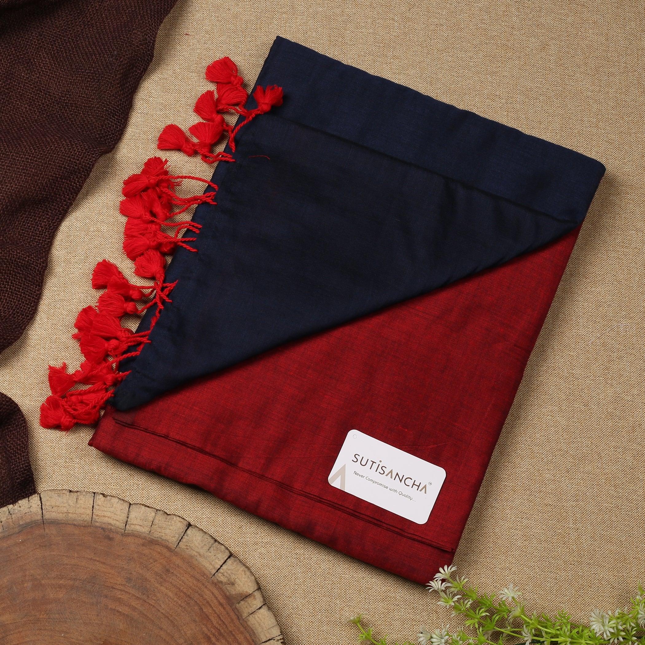 Sutisancha Navya Blue & Maroon Handwoven Khadi Saree - Suti Sancha