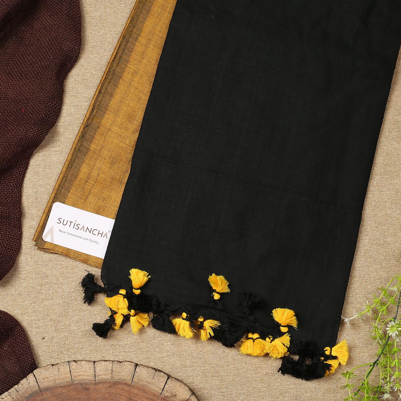 Sutisancha Black & Musterd Handwoven Khadi Saree - Suti Sancha