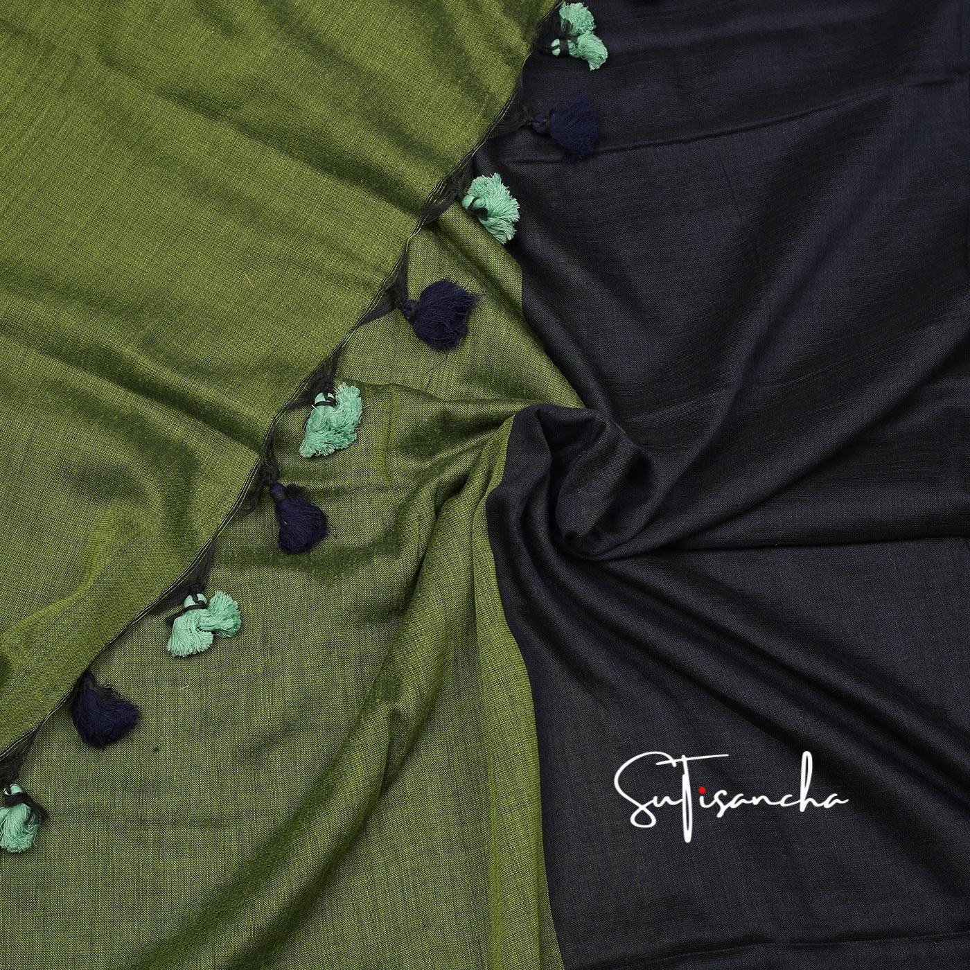 Sutisancha Mahendi Hand Woven Pure Khadi Dual Colour PomPom Saree - Suti Sancha