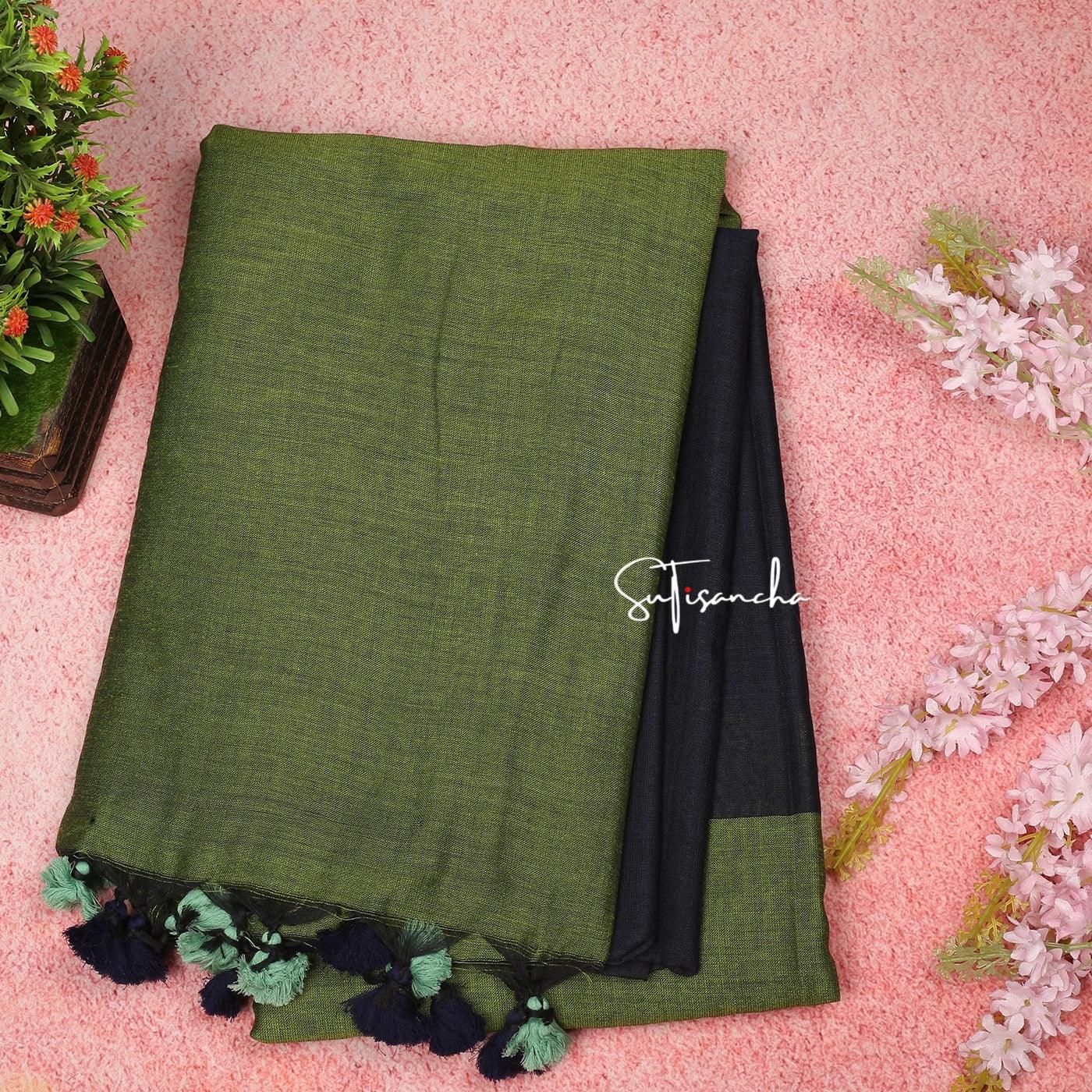 Sutisancha Mahendi Hand Woven Pure Khadi Dual Colour PomPom Saree - Suti Sancha